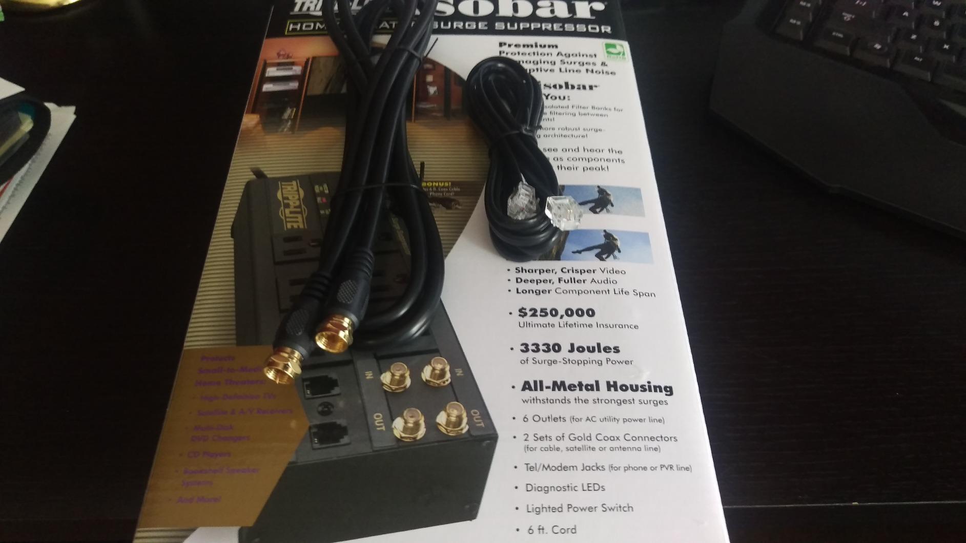 Tripp Lite Isobar 10 Outlet Audio/Video Surge Protector Tel/Modem/Coax/Network 8ft Cord Right Angle Plug, & $500,000 Insurance (HT10DBS) Black customer photo 2