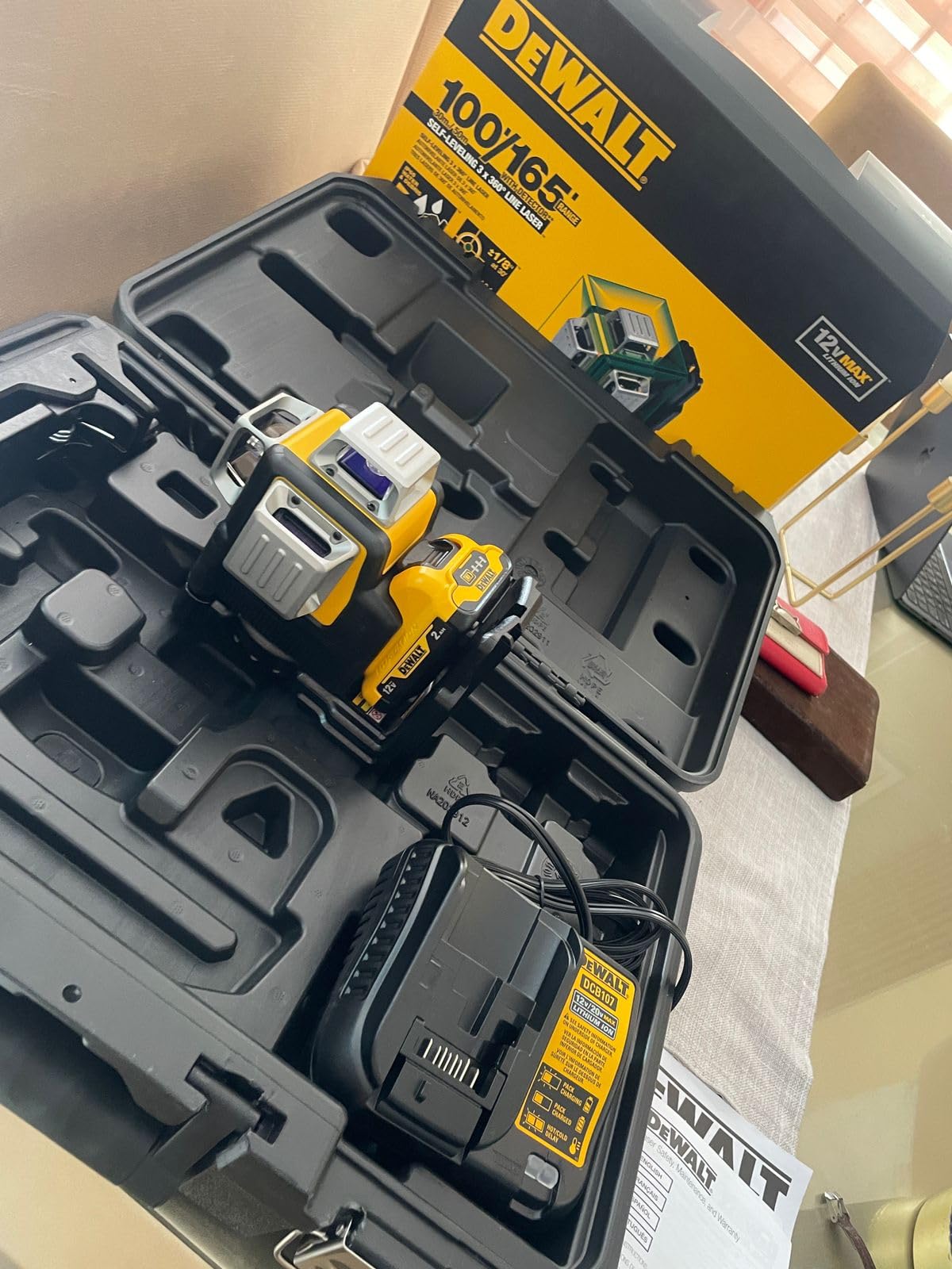 DEWALT Laser Level 360 Self Leveling, 3 Way Green Laser Leveler Tool 12V MAX with 2.0Ah Battery, Charger and Durable Carrying Case, 100 Ft, Tripod Compatible (DW089LG) customer photo 1