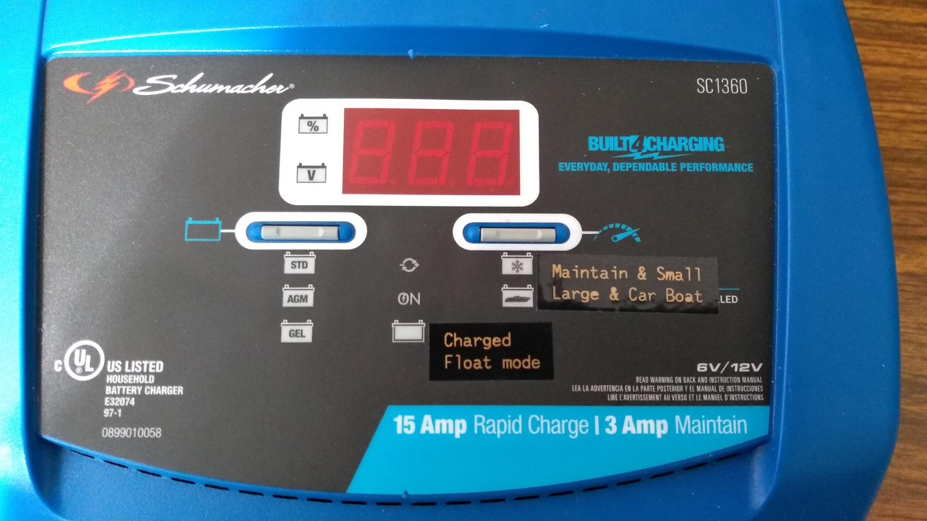 Schumacher Electric Ship 'n Shore 15A Car Battery Charger and Maintainer, 4-in-1 Solution, Battery Tester, for 6V/12V Power Sport, Automotive, and Marine Batteries, SC1360 customer photo 1