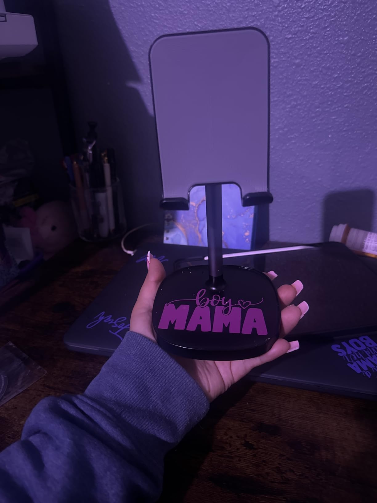 LISEN Cell Phone Stand Phone Holder for Desk Office Decor, Office Desk Accessories Women PC Gaming Essentials iPhone Stand Gadgets Men Gifts for Kids Fit OtterBox Case Switch iPad Air Tablet 4-10 in customer photo 2