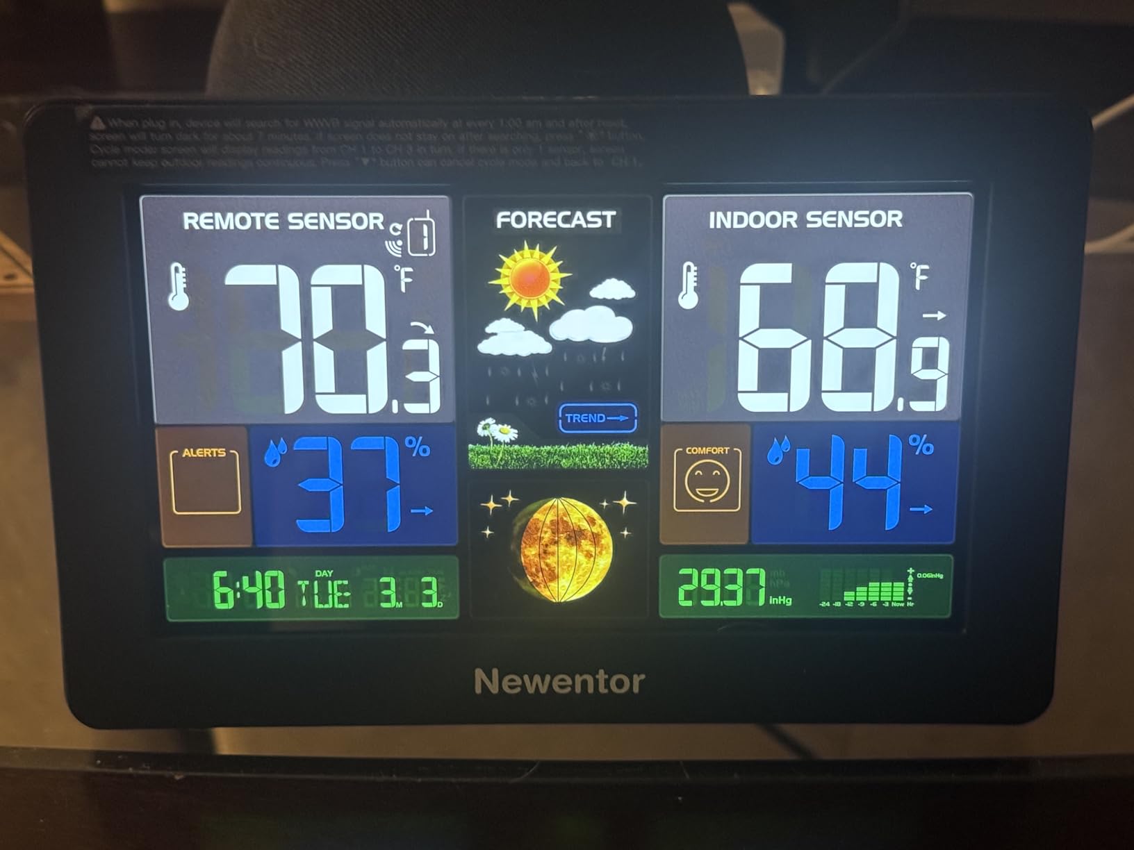 Newentor Weather Station Wireless Indoor Outdoor Thermometer, Color Display Digital Weather Thermometer with Atomic Clock, Barometric Pressure, Forecast Station with Adjustable Backlight, Black customer photo 2