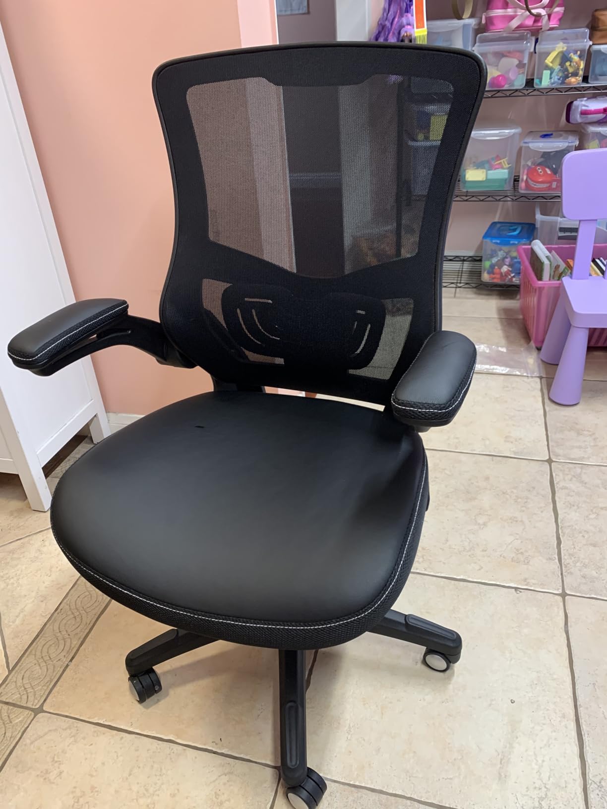 Office Chair Ergonomic Desk Chair, Computer PU Leather Home Office Chair, Swivel Mesh Back Adjustable Lumbar Support Flip-up Arms customer photo 1