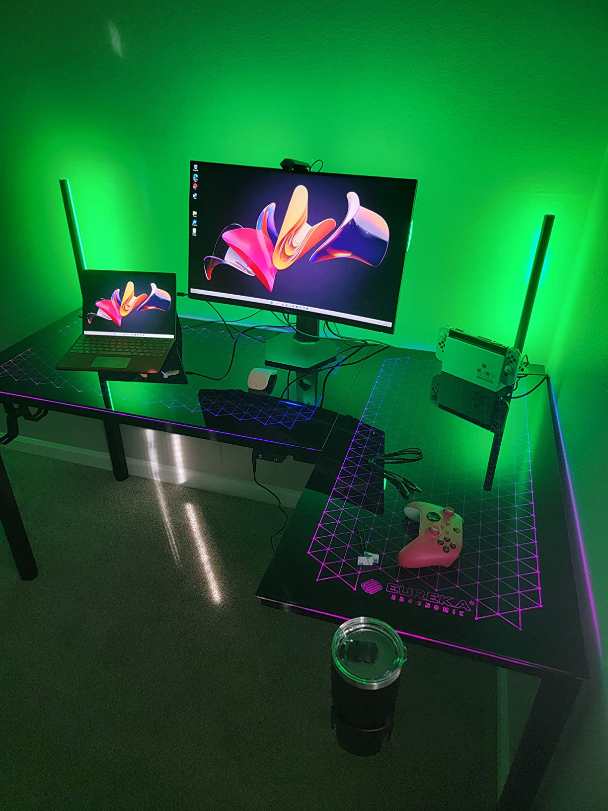 EUREKA ERGONOMIC RGB LED Lights 60 Inch L Shaped Reversible Black Glass Gaming Desk Home Office Computer Table GTG L60 customer photo 1