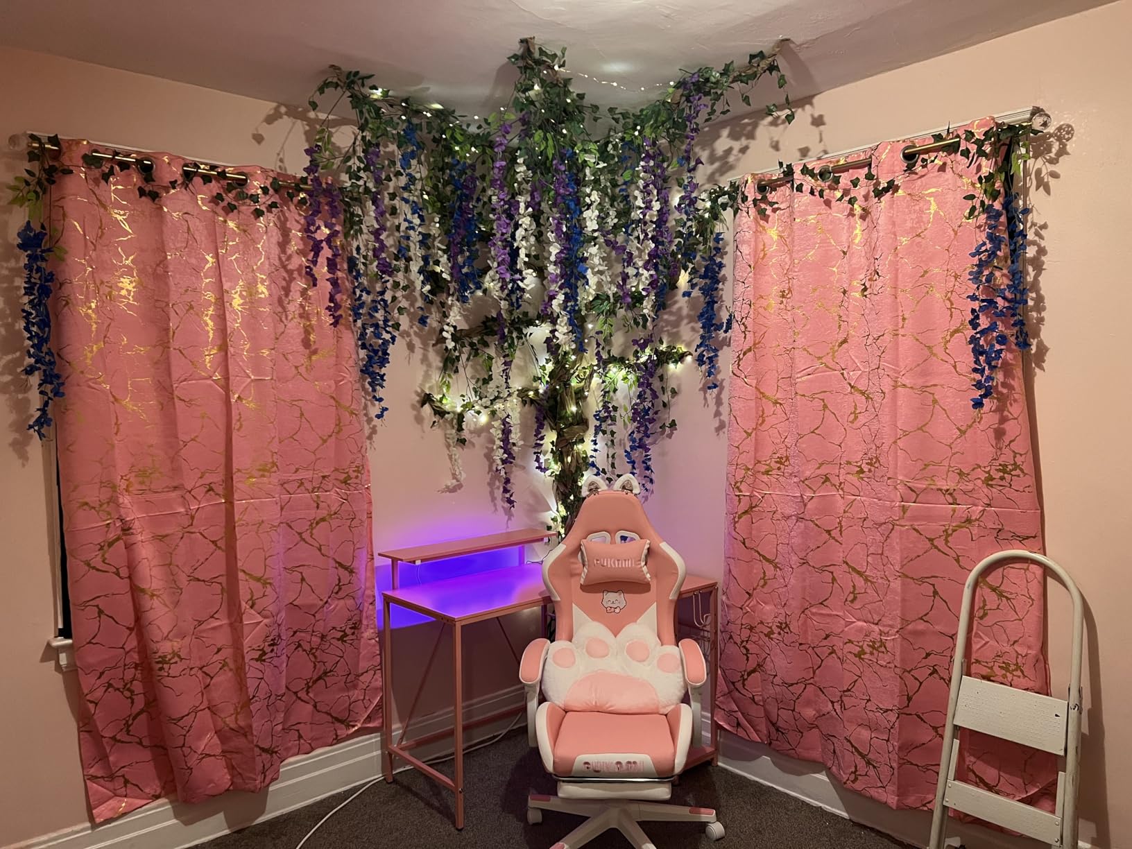 Bestier L Shaped Gaming Desk with Power Outlets, 58 LED Small Corner Desk with Reversible Storage Shelves, Pink Carbon Fiber Computer Desk with Headset Hooks customer photo 1