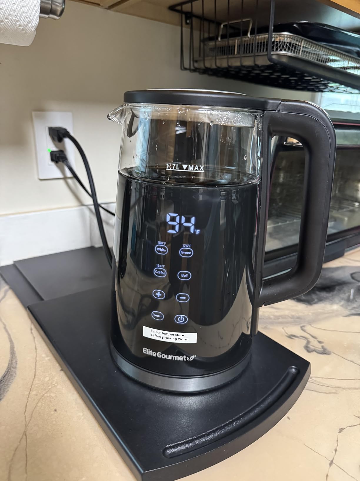 Elite Gourmet 1.7L Dual Wall Cool Touch Electric Tea Kettle, Borosilicate Glass, 304 Stainless Steel Interior, Programmed Digital Touchscreen, Keep Warm, Auto Off & Audible Indicator, Black customer photo 1