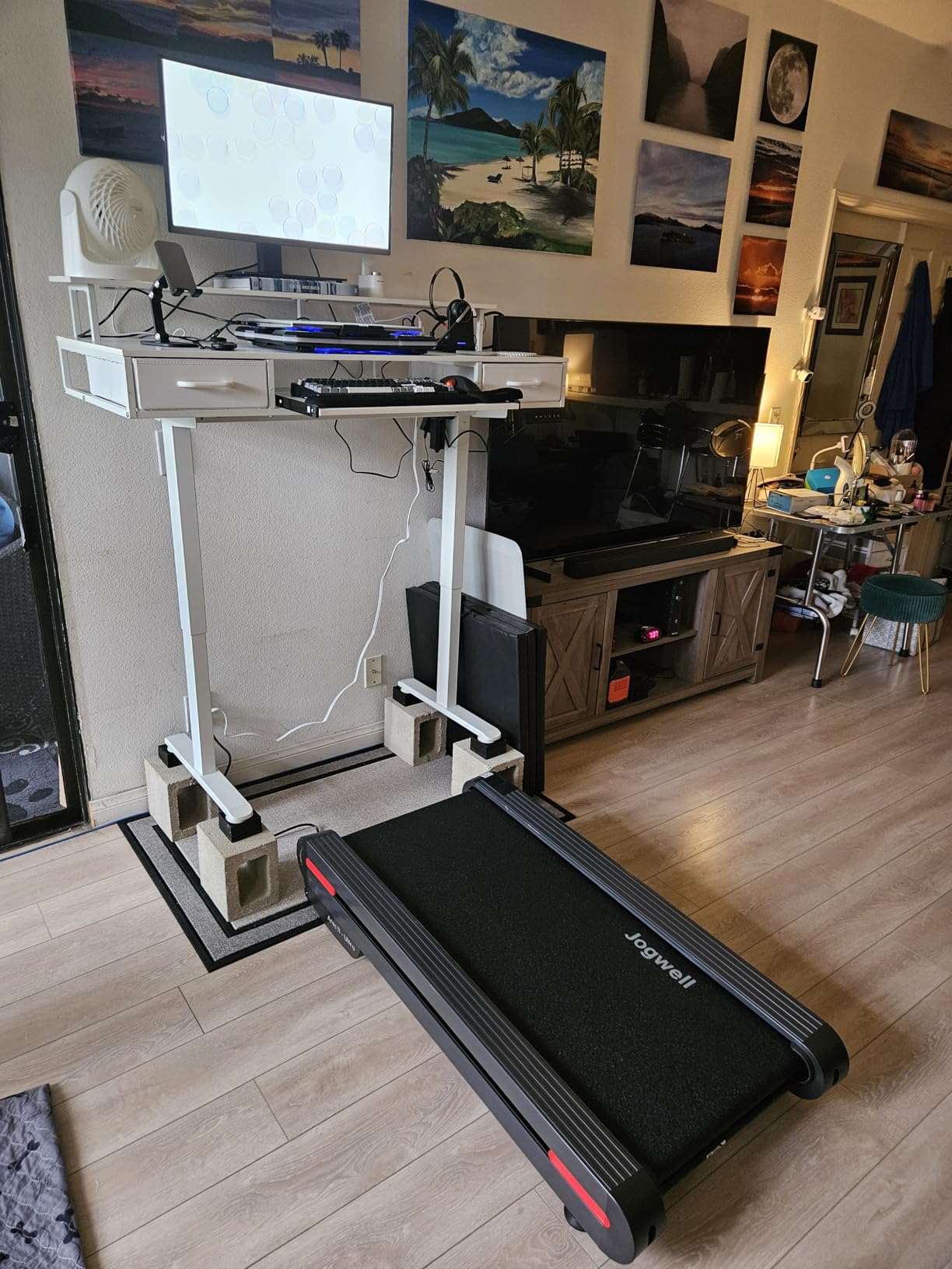 AODK Electric Standing Desk with Drawers & Keyboard Tray, 55 Inch Height Adjustable Gaming Desk with Power Outlets & LED Lights, Sit Stand Table with Monitor Stand for Home, Office, Rustic Brown customer photo 2