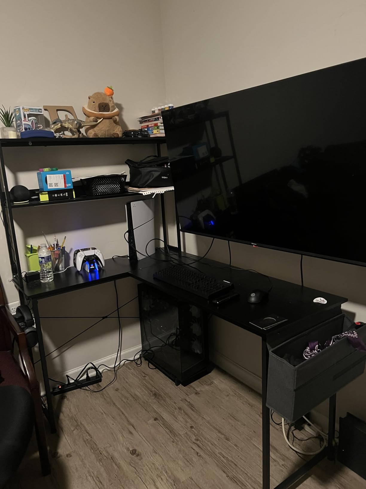 AODK L Shaped Desk Gaming Desk with LED Light & Power Outlet, 53 Inch Reversible L Shaped Computer Table with Shelf & Storage Bag & Hook for Home Office, Black customer photo 2