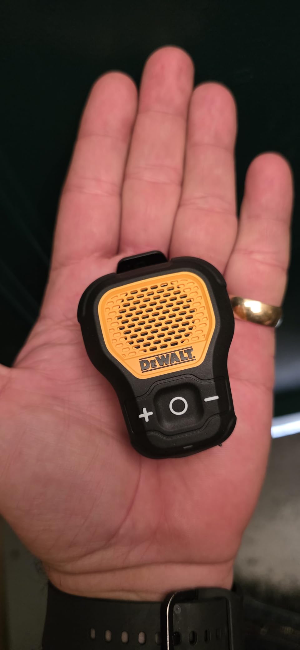 DEWALT Wearable Bluetooth Speaker (Updated Version), Clip-On Wireless Jobsite Pro Water-Resistant Portable Speaker (Non-Magnetic), Built-in Mic for Hands-Free Music/Calls, Bluetooth Speaker (Yellow) customer photo 2