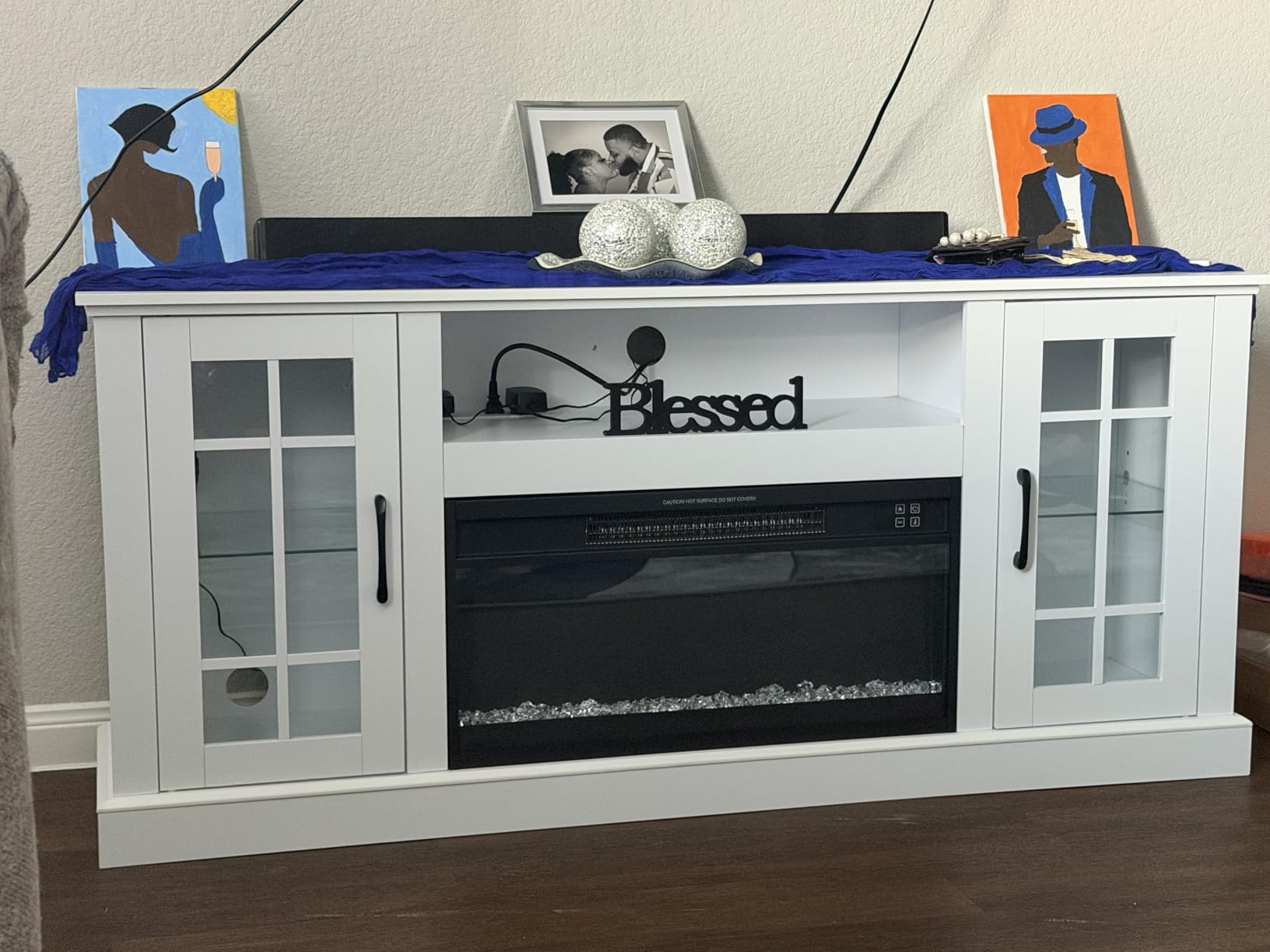 Rolanstar Fireplace TV Stand with Led and Power Outlets, White Entertainment Center with 26
