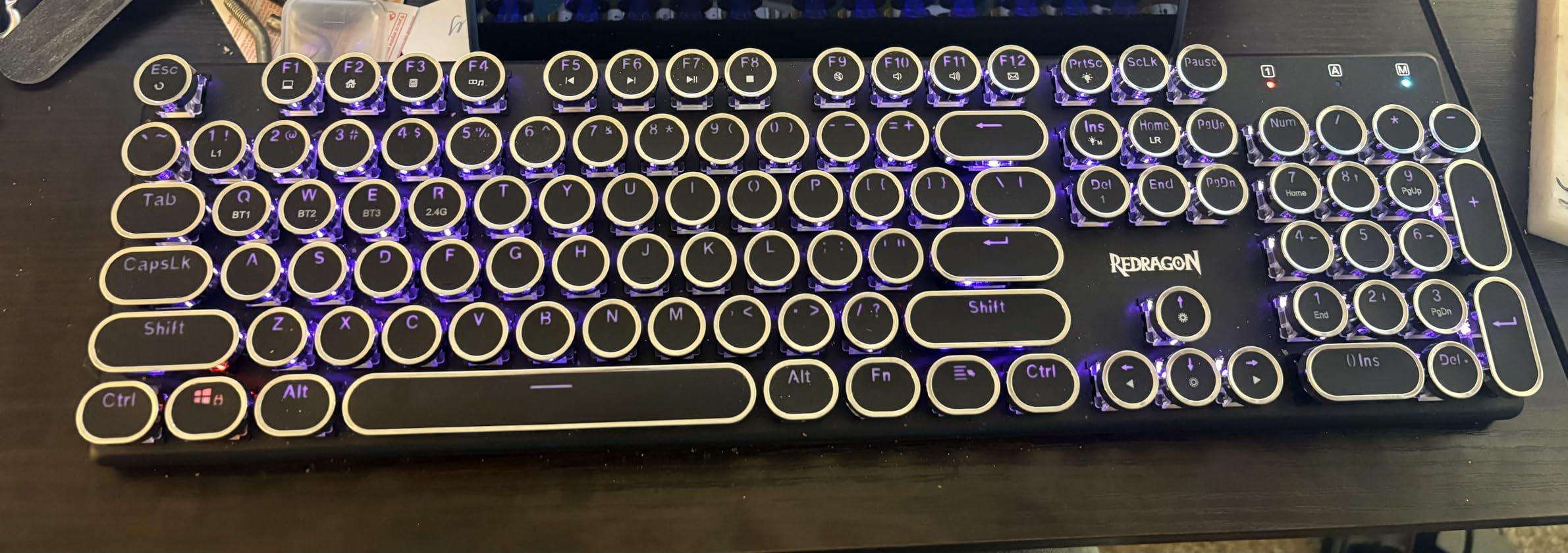 Redragon Wireless Typewriter Style Mechanical Gaming Keyboard, Bluetooth/2.4Ghz/Wired, RGB Backlit, Rechargeable, Blue Switch - Clicky, Metal Panel, Round Keycaps, Black customer photo 2