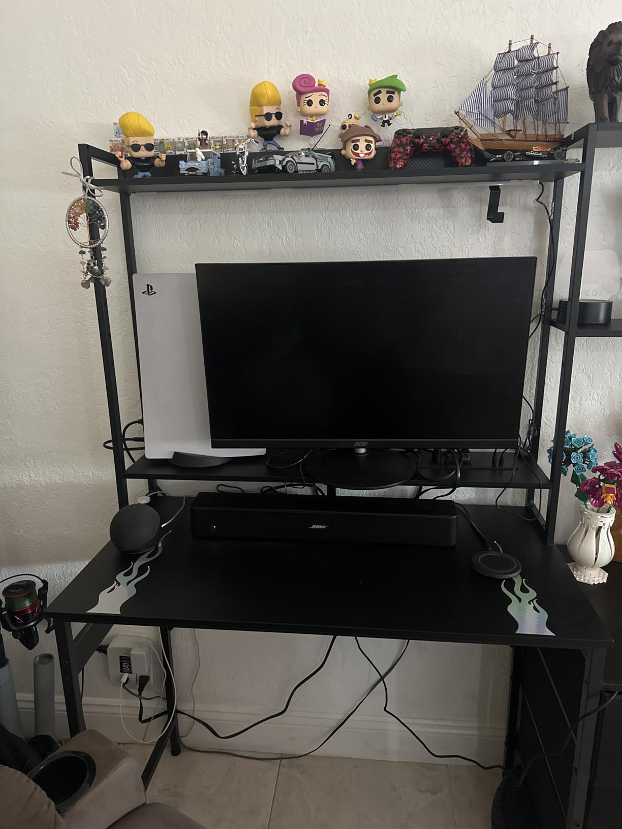 Casaottima 48 Inch Gaming Desk with Hutch & 3 Fabric Drawers, Computer Desk with USB Ports & LED Lights, Reversible Pc Gamer Table with Monitor Stand for Home Office, Carbon Fiber Black customer photo 2