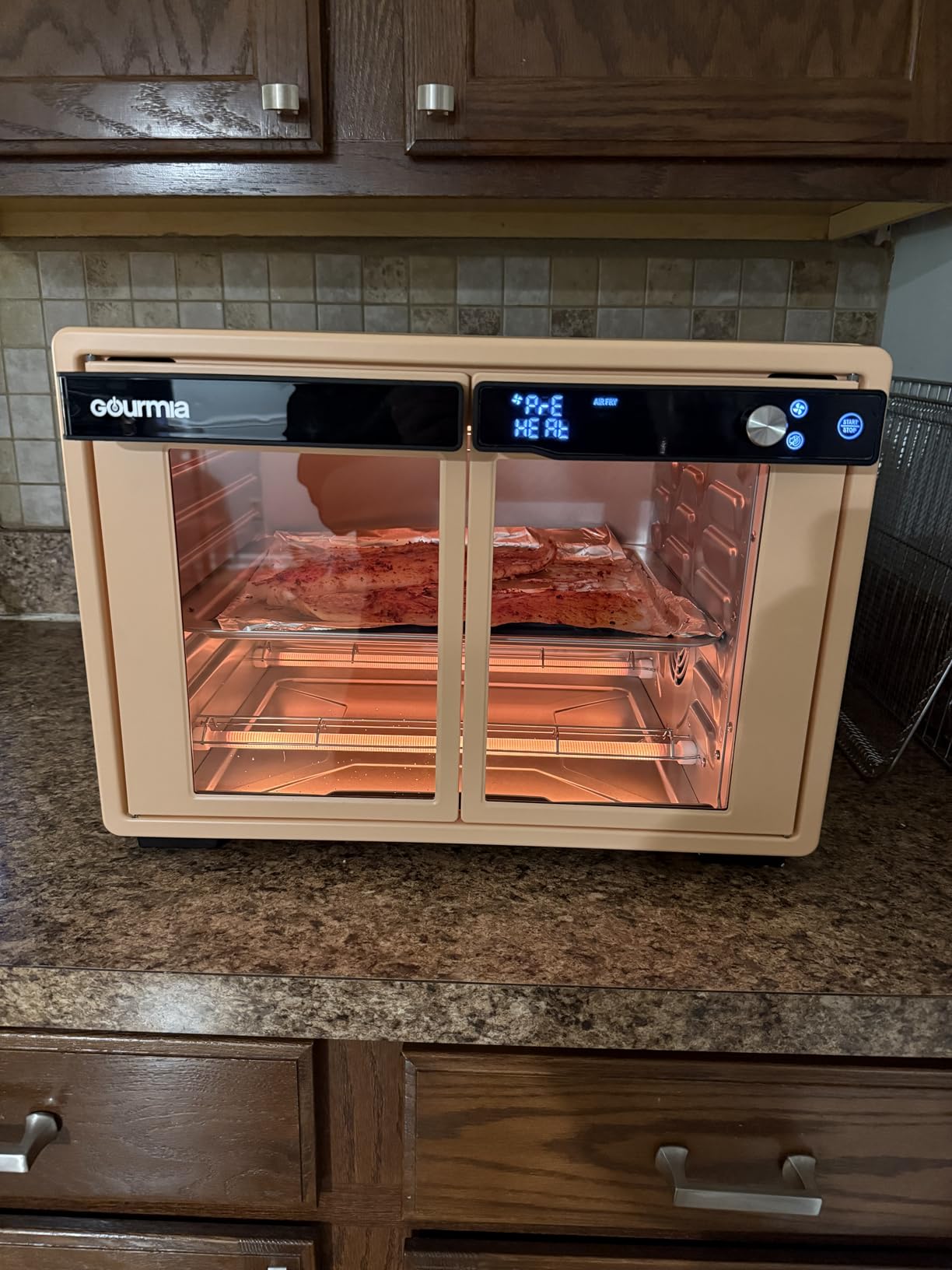 Gourmia French Door Air Fryer Oven - 37 Qt Large Capacity Convection Toaster Oven, FryForce 360°, Digital Display, 12 Cooking Presets, Dehydrate, Fits 13