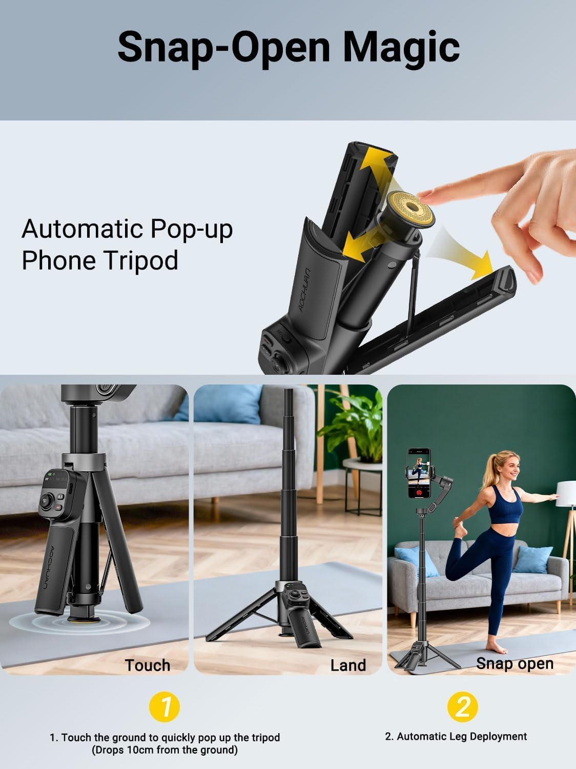 AOCHUAN 360° Pan Rotation Gimbal Stabilizer for iPhone, Magnetic Remote Control, 3-Axis Stabilizer w/Built-in Extension Rod & One-Touch Open Tripod, 3-in-1 Foldable Phone Gimbal for Vlogging, Travel customer photo 2