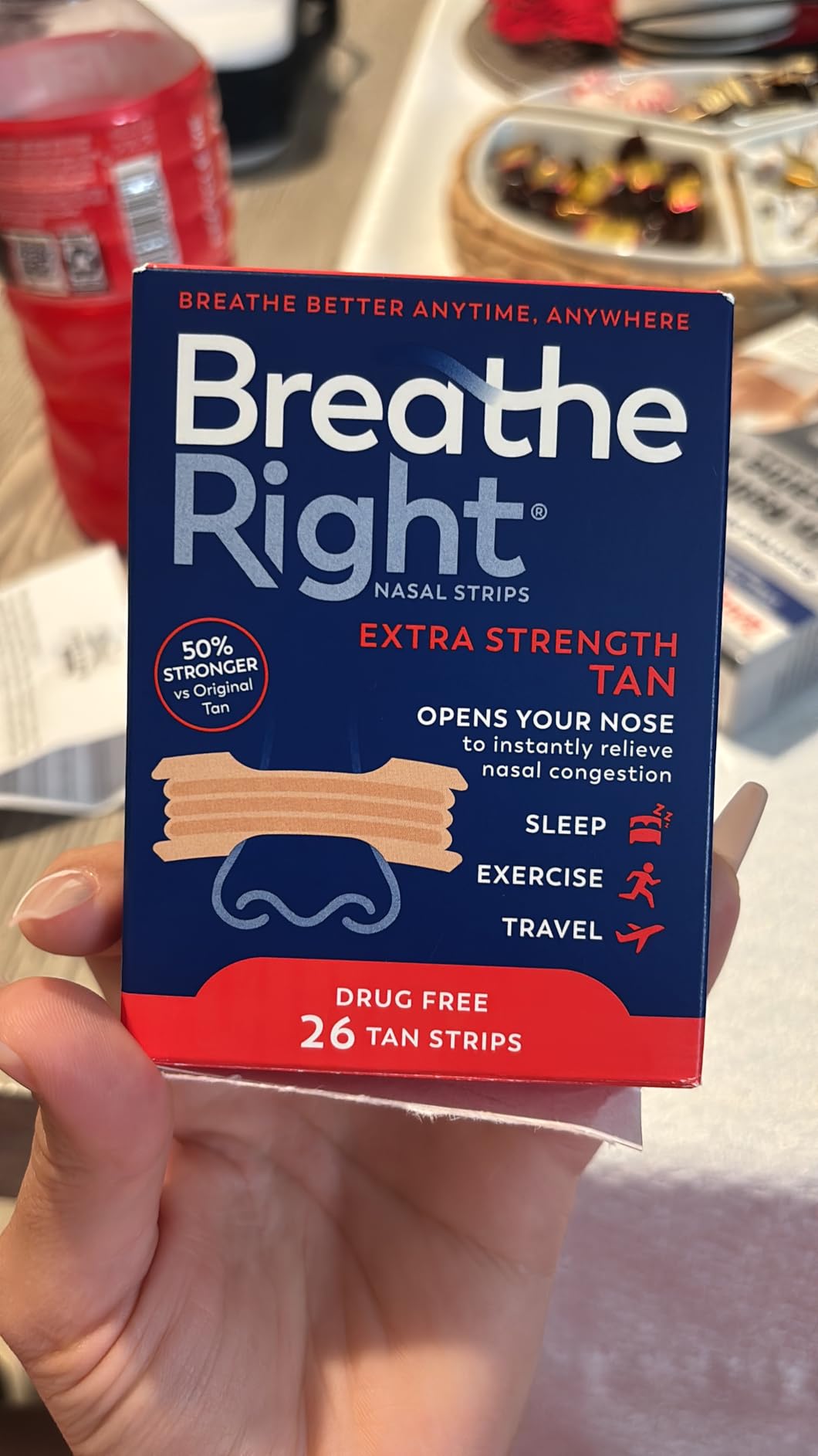 Breathe Right Nasal Strips, Extra Strength Tan Nose Strips, Drug-Free Nasal Congestion Relief for Better Breathing, Help Relieve Snoring, Caused by Colds & Allergies, Deviated Septum, 26ct customer photo 1