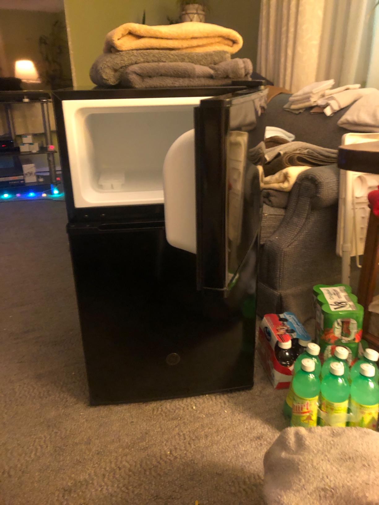 GE Mini Fridge With Freezer | 3.1 Cubic Ft. | Double-Door Design With Glass Shelves, Crisper Drawer & Spacious Freezer | Small Refrigerator Perfect for the Garage, Dorm Room, or Bedroom | Clean Steel customer photo 1