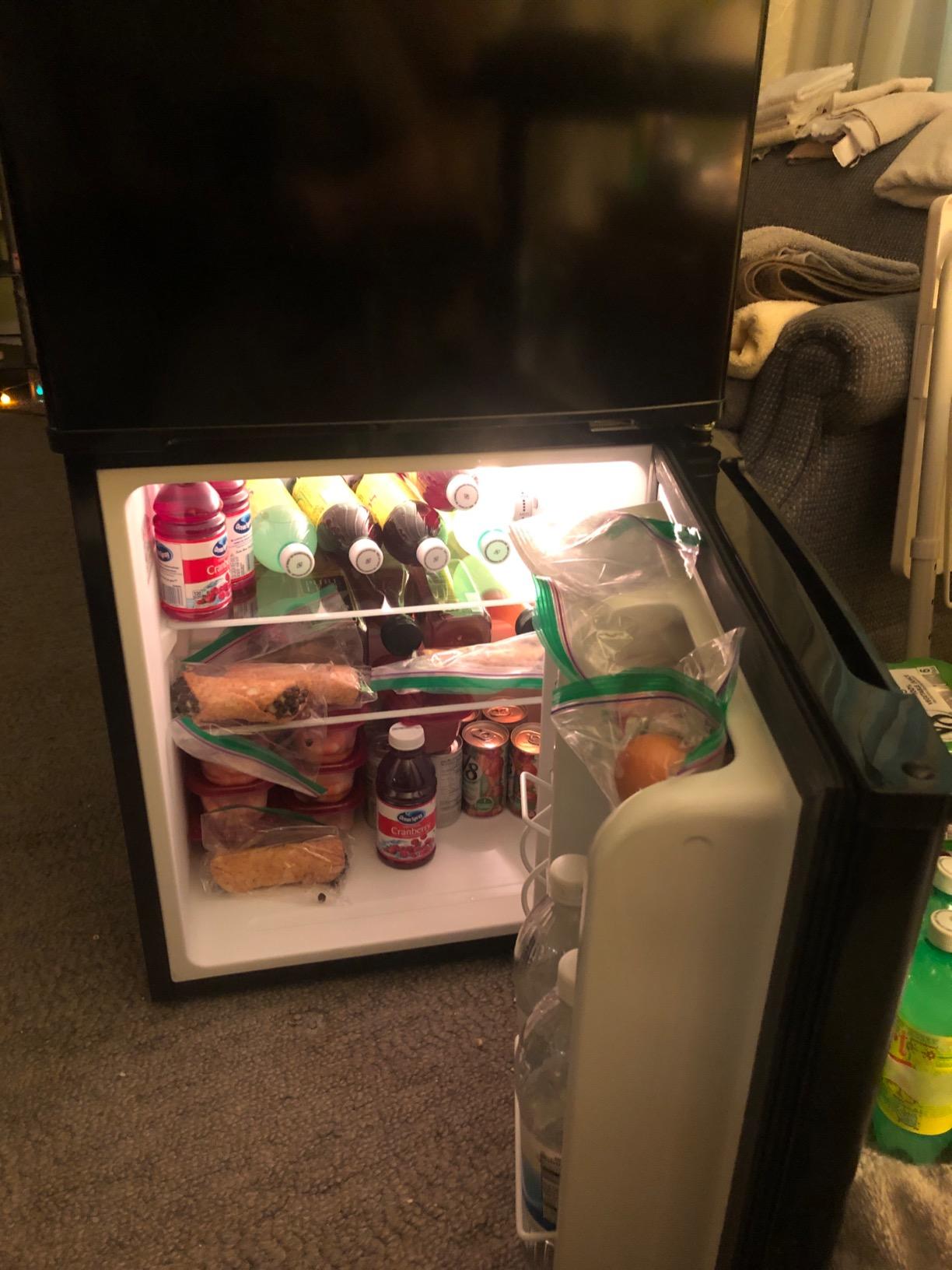 GE Mini Fridge With Freezer | 3.1 Cubic Ft. | Double-Door Design With Glass Shelves, Crisper Drawer & Spacious Freezer | Small Refrigerator Perfect for the Garage, Dorm Room, or Bedroom | Clean Steel customer photo 2