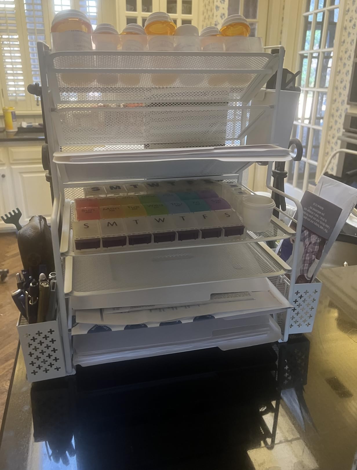 Simple Trending 7 Tier Desk File Organizer, Letter Tray Paper Organizer with Pen Holder and Metal Hanging Basket, Black customer photo 1