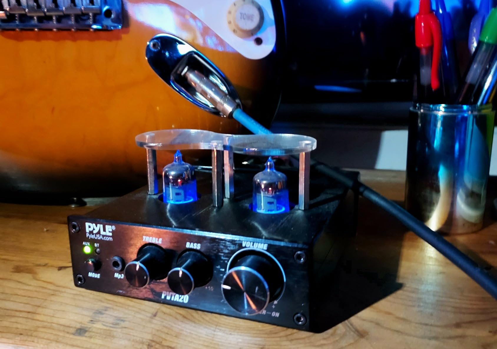 Pyle Bluetooth Tube Amplifier Stereo Receiver - 600W Home Audio Desktop Stereo Vacuum Tube Power Amplifier Receiver w/ 2 Vacuum Tubes, AUX/MP3/Microphone Inputs, Pure Copper Speaker Output - PVTA20 customer photo 2
