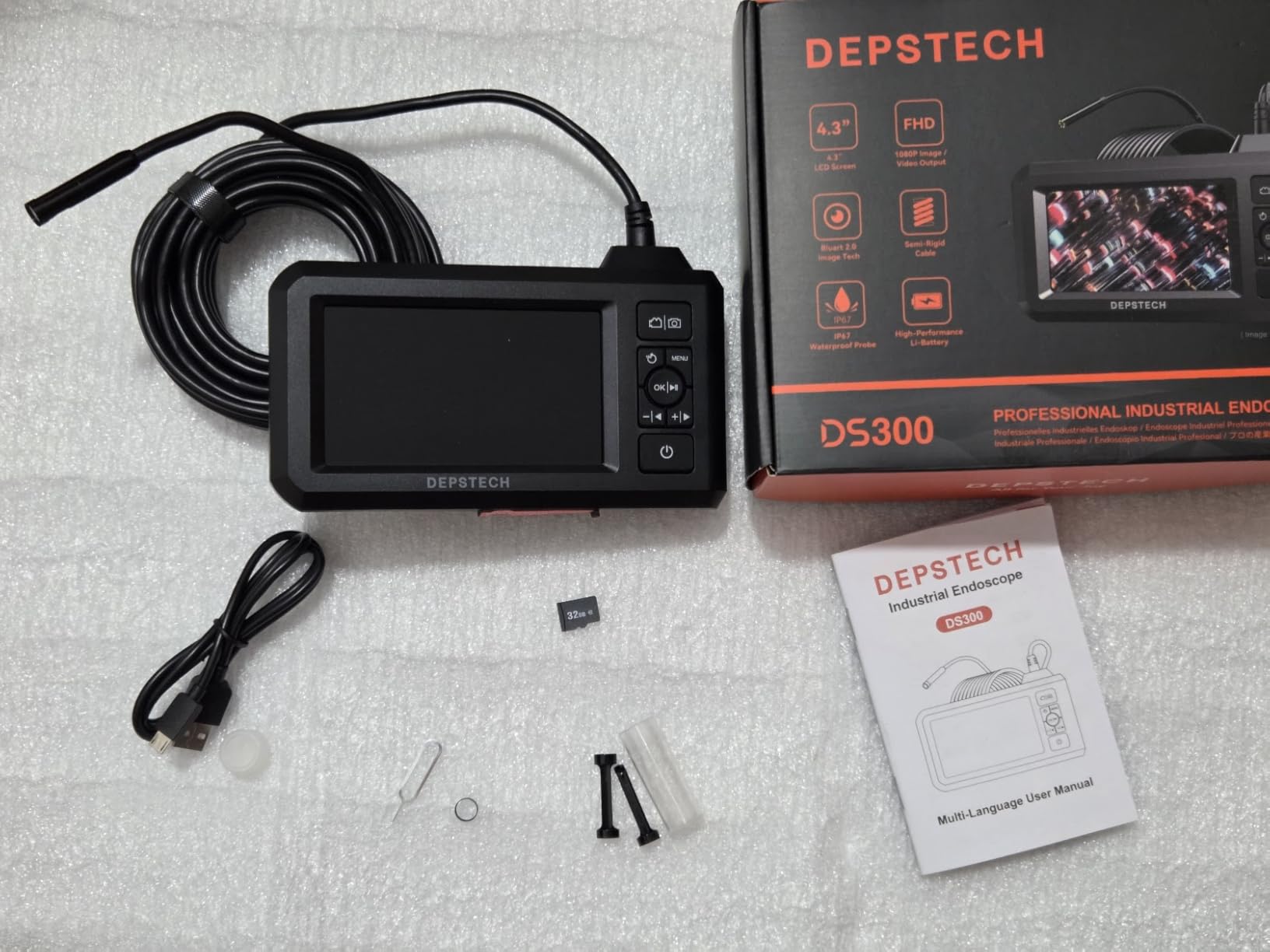 DEPSTECH Dual Lens Industrial Endoscope, 1080P Digital Borescope Inspection Camera, 7.9mm IP67 Waterproof Sewer Camera with 4.3