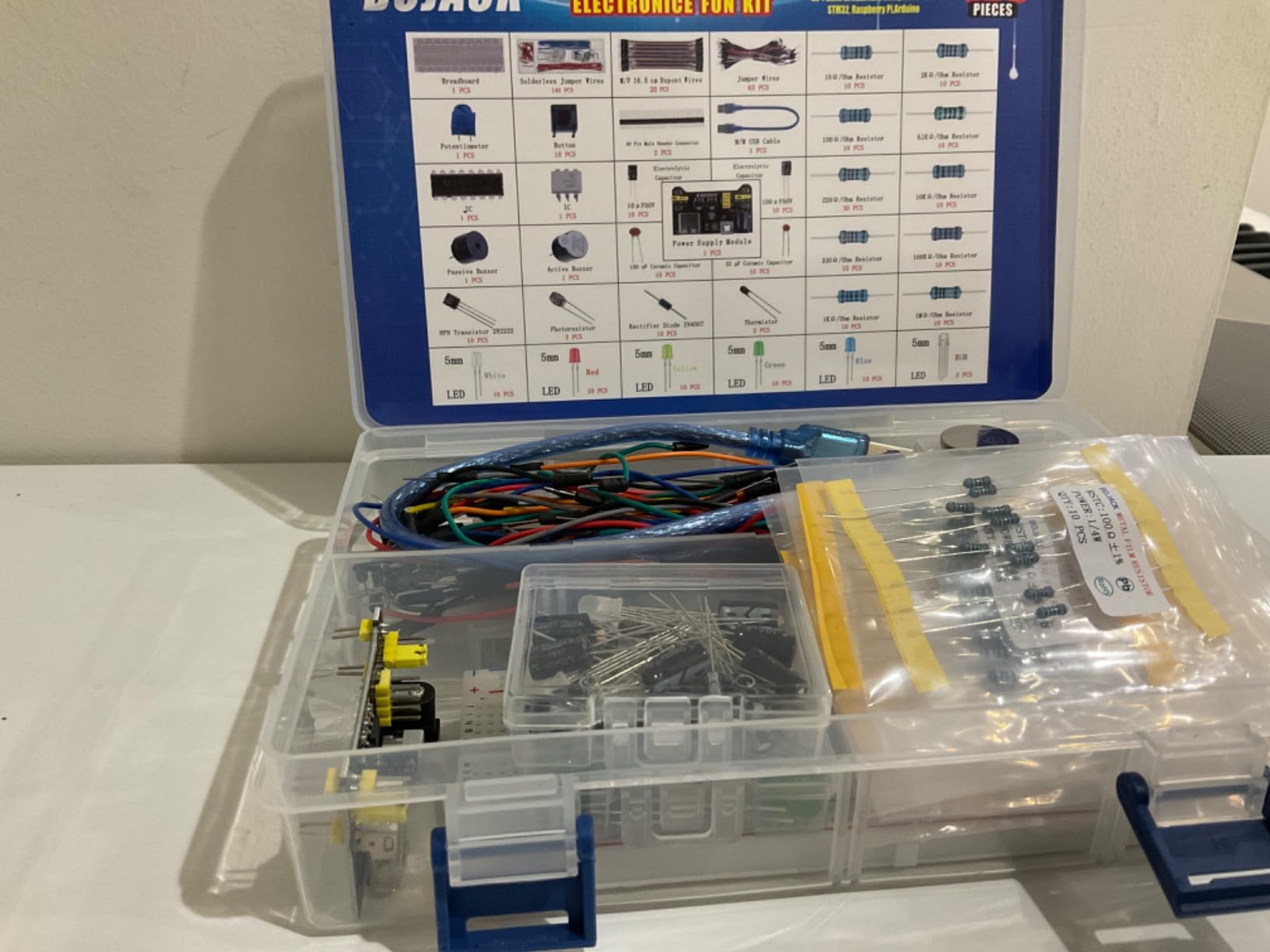 BOJACK 37 Values 480 Pcs Electronics Component Fun Kit with Power Supply Module, Jumper Wire, Precision Potentiometer, 830 tie-Points Breadboard customer photo 1