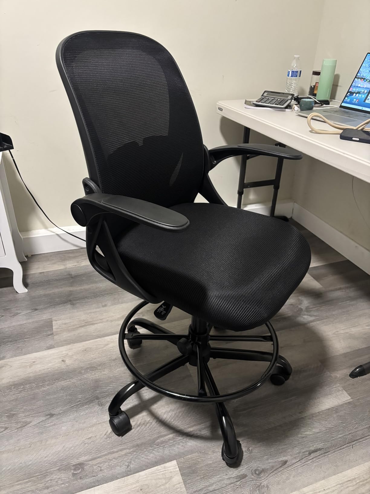 Primy Drafting Chair Tall Office Chair with Flip-up Armrests Executive Ergonomic Computer Standing Desk Chair with Lumbar Support and Adjustable Footrest Ring (Black) customer photo 1