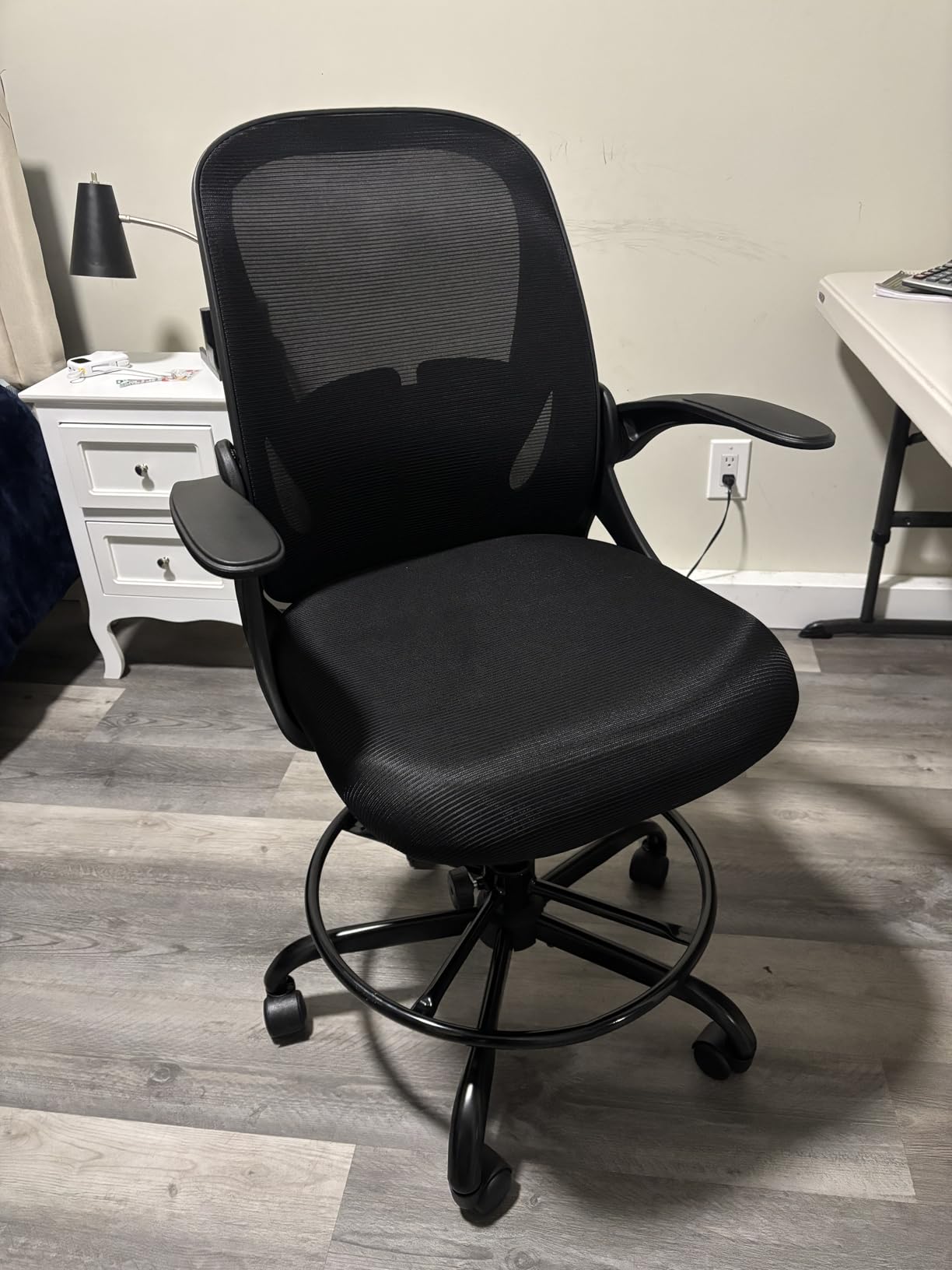 Primy Drafting Chair Tall Office Chair with Flip-up Armrests Executive Ergonomic Computer Standing Desk Chair with Lumbar Support and Adjustable Footrest Ring (Black) customer photo 2