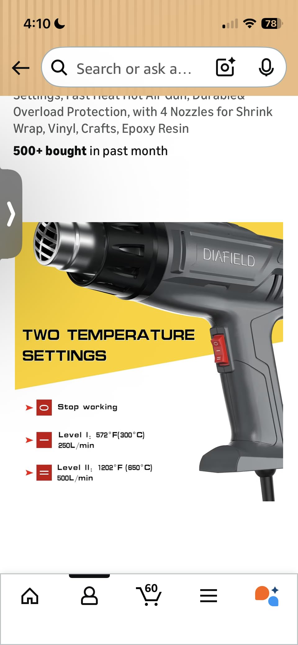 DIAFIELD Mini Heat Gun, 2 Temp Setting 302℉-842℉ Fast Heat Hot Air Gun Tool with Reflector Nozzle and 5.9Ft Cable Overload Protection for Epoxy Resin, Craft, Embossing, Shrink Wrapping & DIY customer photo 2