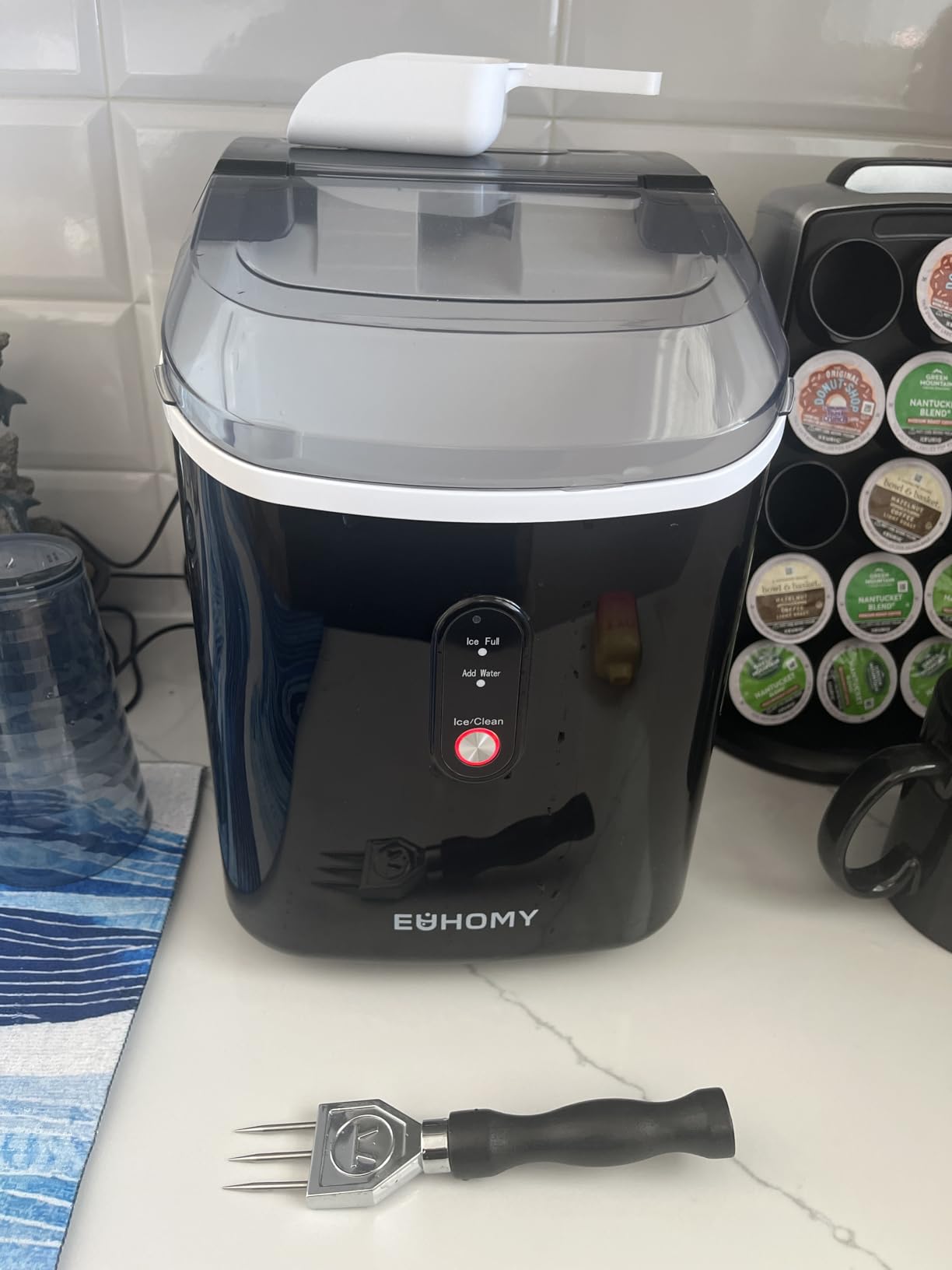 EUHOMY Nugget Ice Maker Countertop with Handle, Ready in 6 Mins, 34lbs Per Day, Removable Top Cover, Auto-Cleaning, Portable Sonic Ice Maker with Basket and Scoop customer photo 1