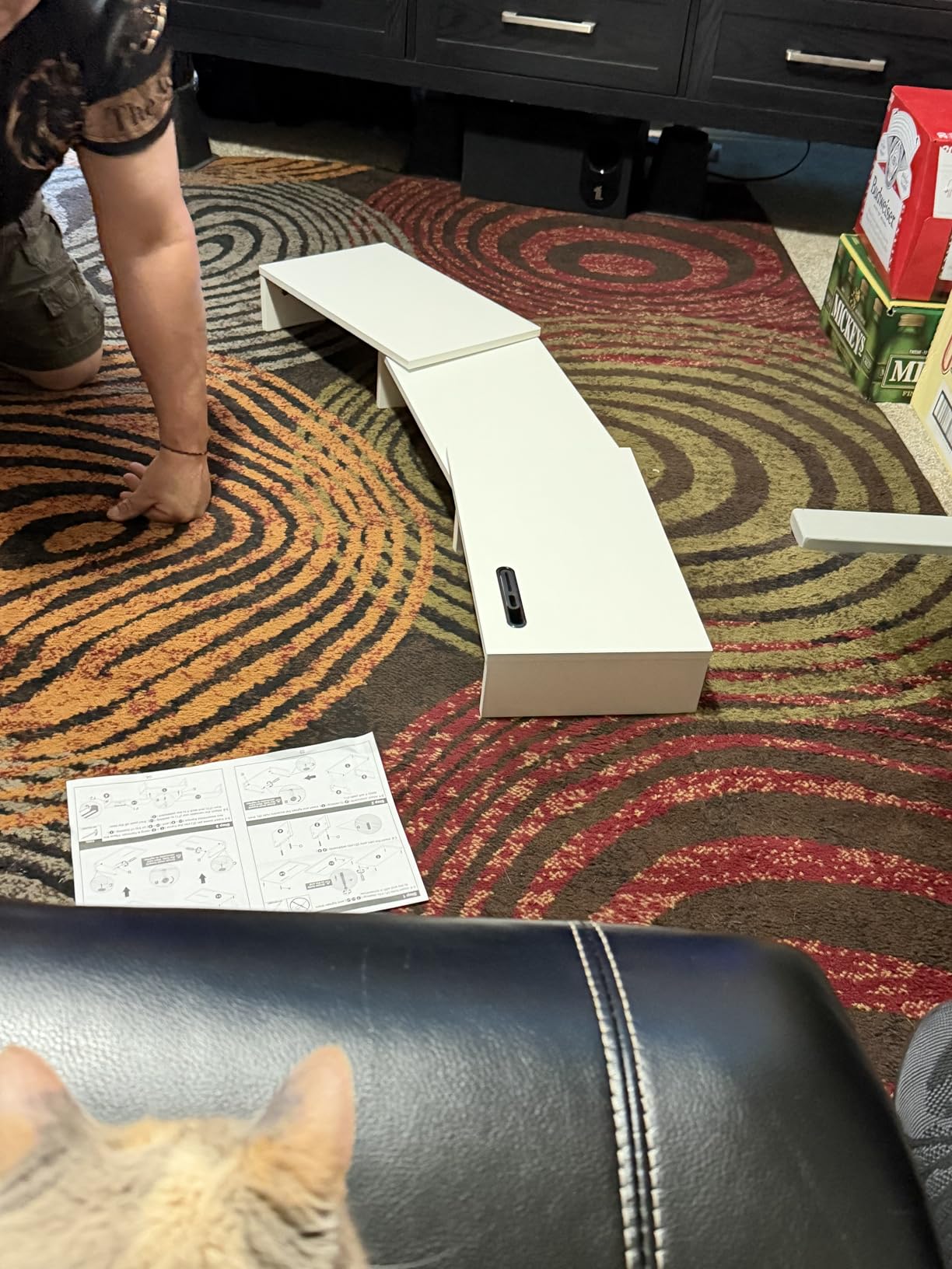 BONTEC Dual Monitor Stand Riser with Smartphone Holder, Adjustable Length & Swivel Angle, Ergonomic Wooden Desktop Organizer for PC Monitor, Laptop, Printer, Large Storage, White customer photo 1