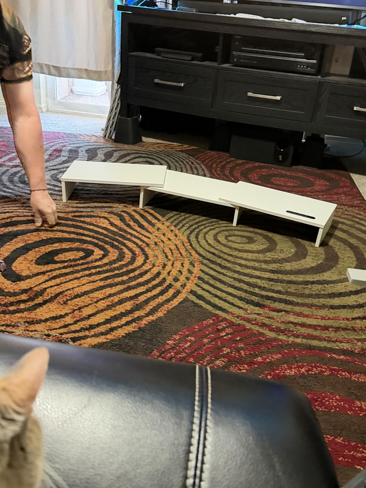 BONTEC Dual Monitor Stand Riser with Smartphone Holder, Adjustable Length & Swivel Angle, Ergonomic Wooden Desktop Organizer for PC Monitor, Laptop, Printer, Large Storage, White customer photo 2