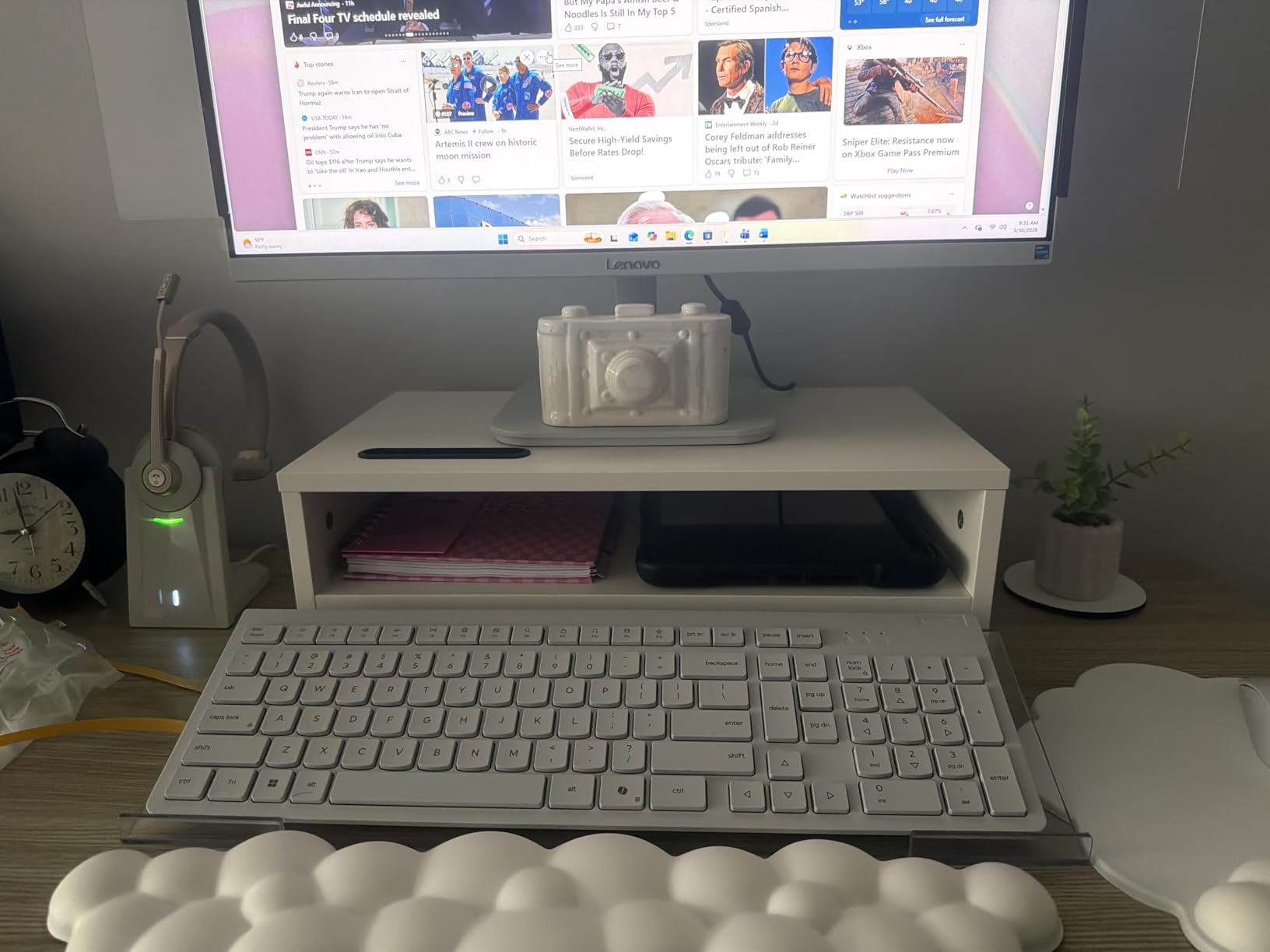 BONTEC Wooden Monitor Stand Riser, 2-Tier Desk Shelf with Storage Organizer, Ergonomic Computer Stand with Cable Management, Cellphone Holder, White, 16.5 Inch customer photo 1