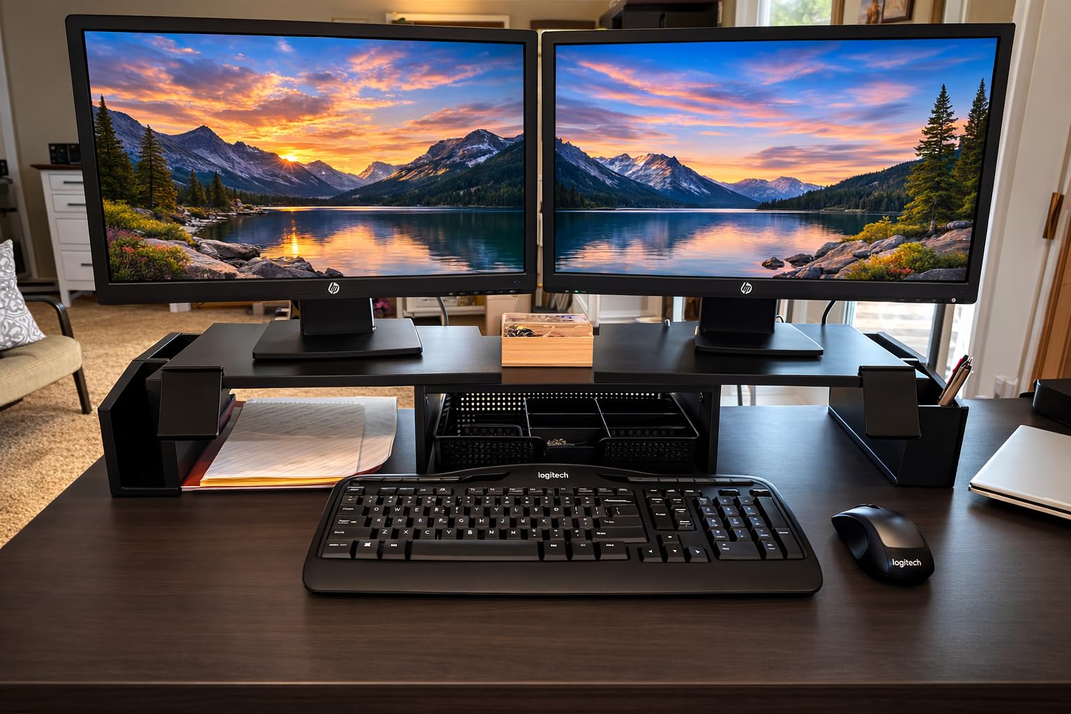 Simple Houseware Desk Dual Monitor Stand Riser with Drawer, Rustic Brown customer photo 1