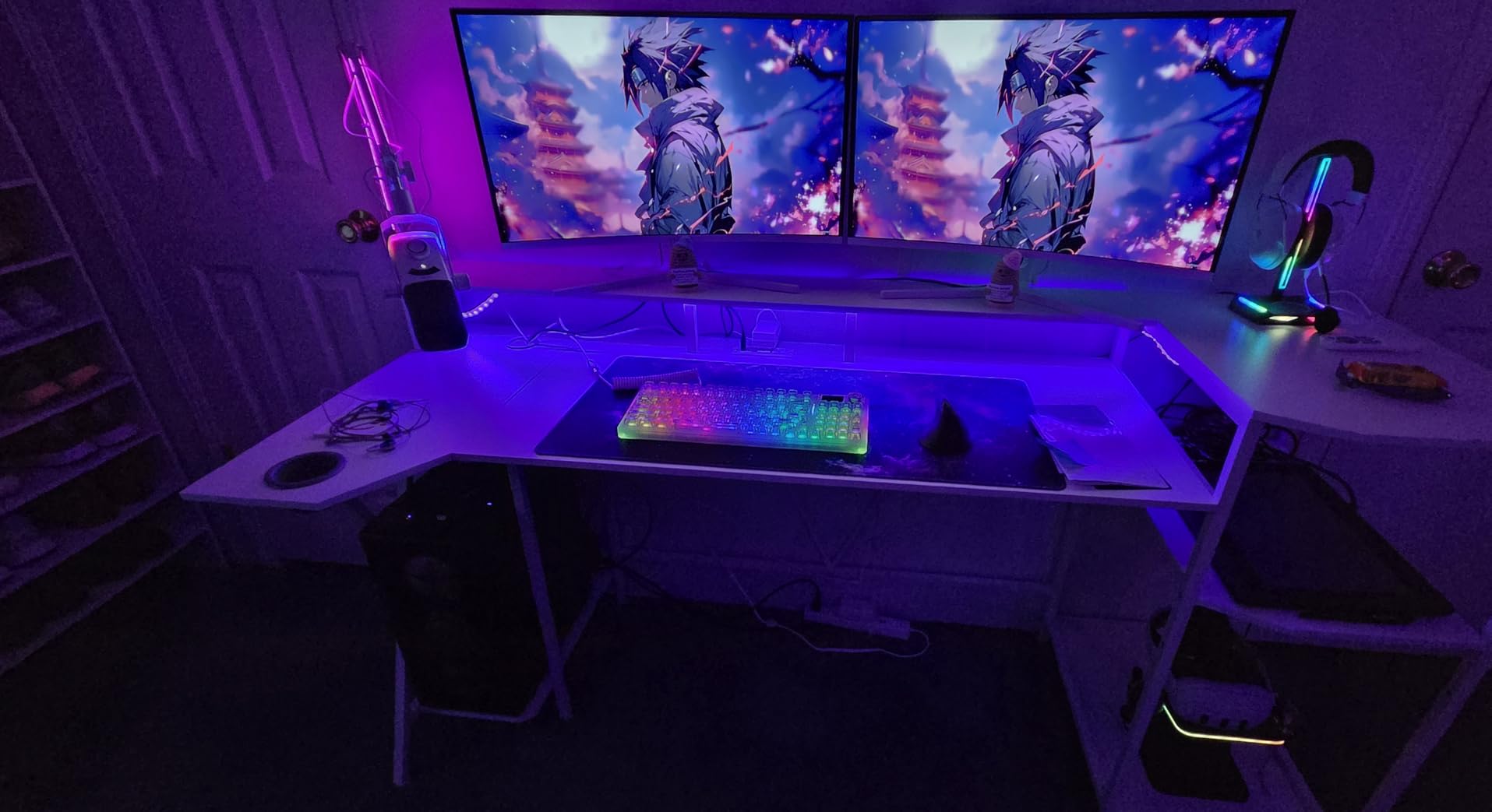 SEDETA Gaming Desk 70.8'' with LED Lights and Storage Shelves, Computer Desk with Monitor Stand, Power Outlets and Cup Holder, Large PC Gamer Desk, Gaming Table for Bedroom, Living Room, Black customer photo 1