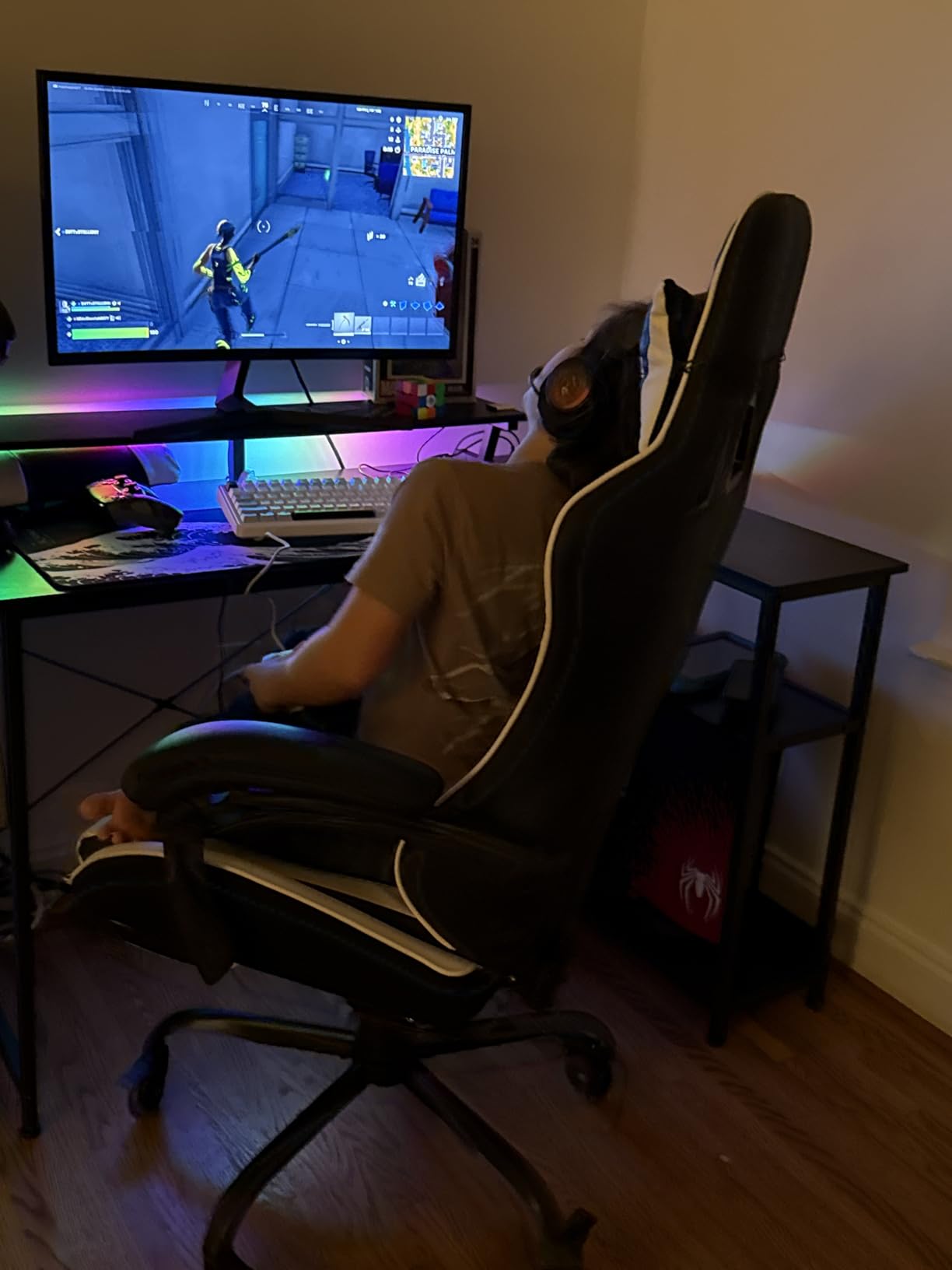 ODK 48 Inch Gaming Desk with USB Charging Ports and LED Lights, Reversible L Shaped Computer Desk with Storage Shelves & Monitor Stand, Corner Gamer Desk Table with Power Outlets, Black customer photo 2