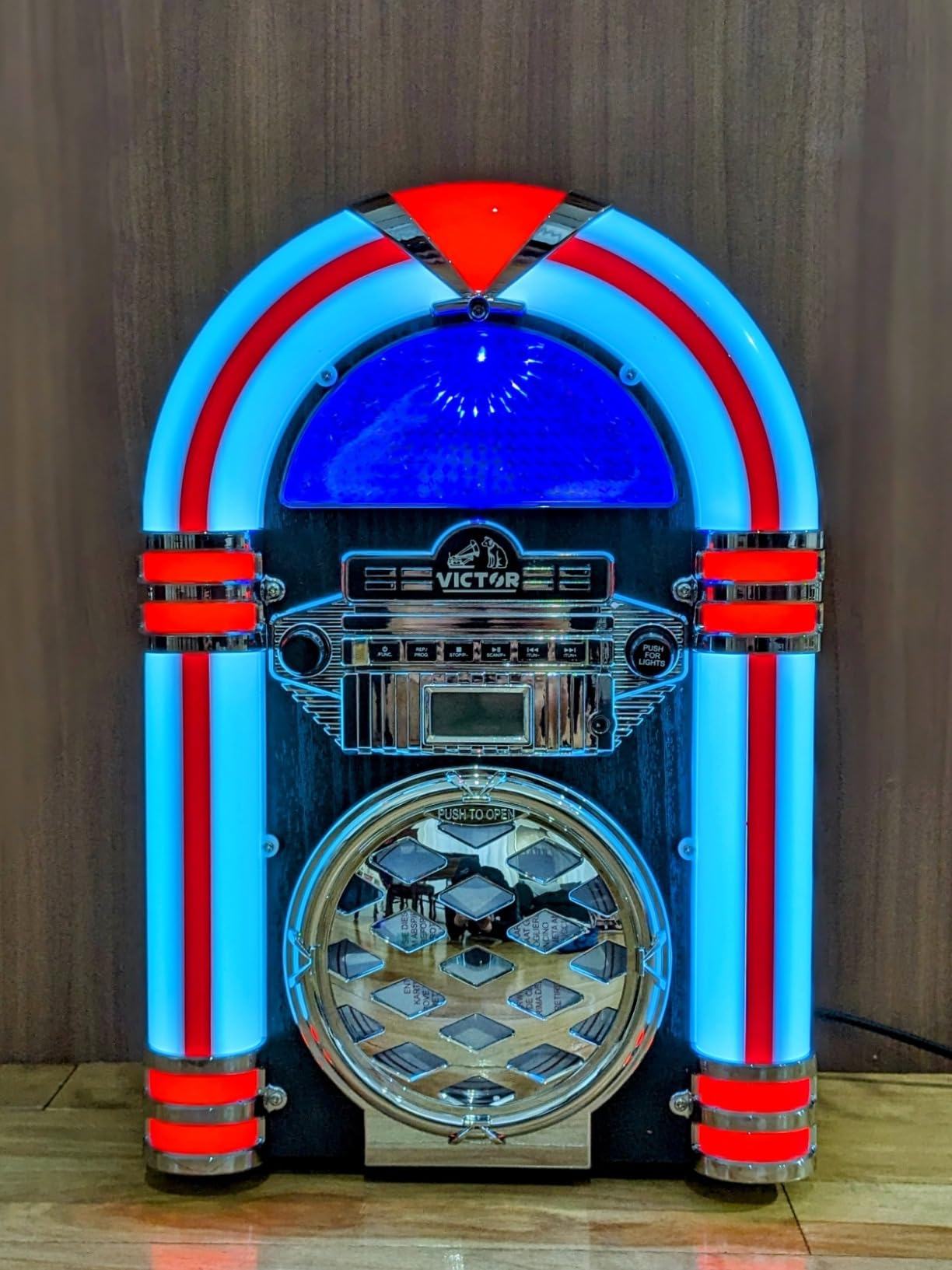 VICTOR Broadway Desktop Bluetooth Jukebox with CD Player, FM Radio, Built-in Stereo Speakers, and Color Changing LED Lighting, Mahogany customer photo 1