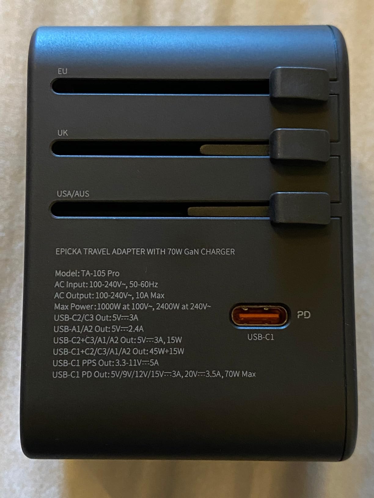 EPICKA Universal Travel Adapter, GaN International Plug Adapter with 3 USB-C 70W PD Fast Charging & 2 USB-A Adaptor All-in-one Wall Charger for USA EU UK AUS (TA-105 Pro, Black) customer photo 2