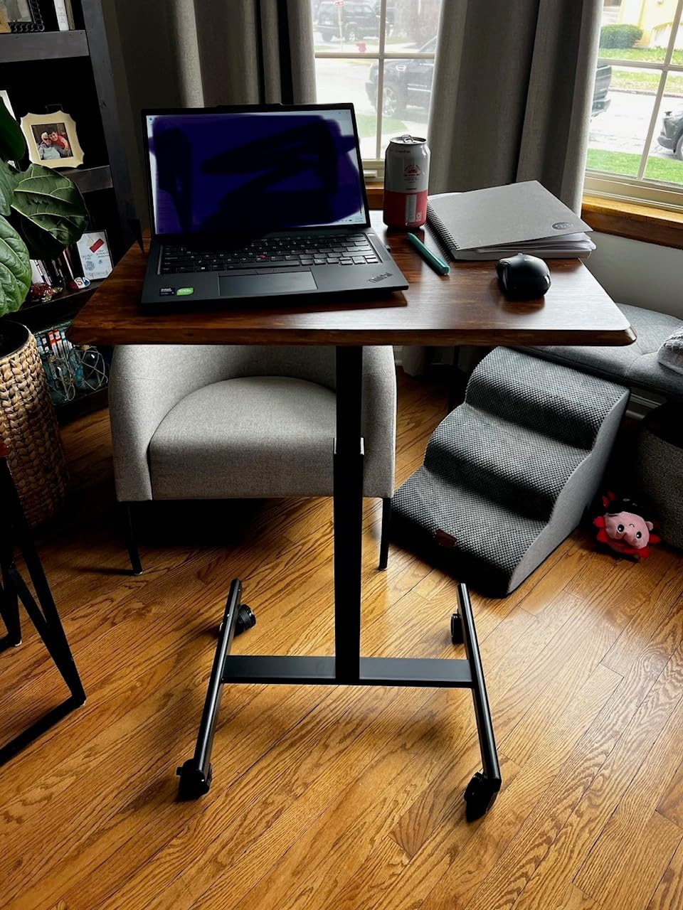 DUMOS Small Standing Desk Mobile Portable Rolling Laptop PC Table on Wheels Adjustable Height Computer Workstation for Home Office, 19 Inch, Modern White customer photo 1
