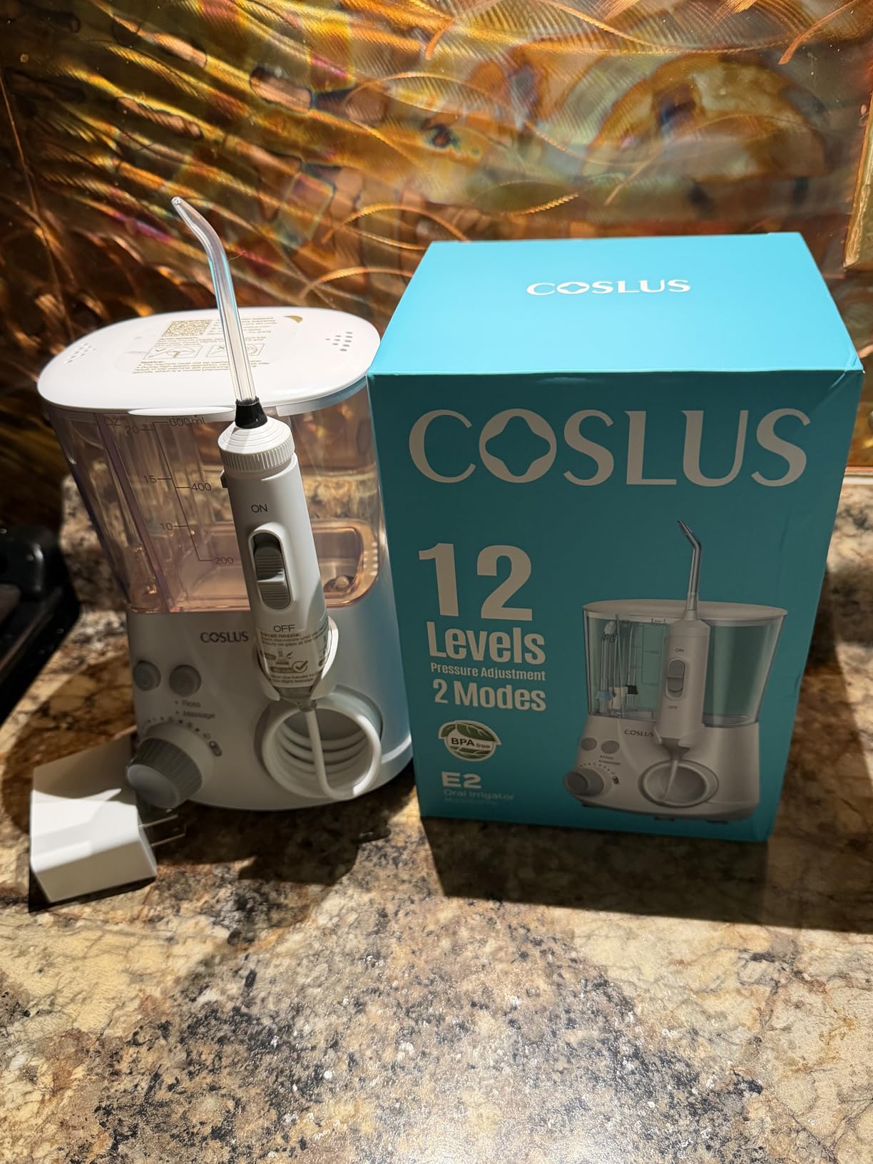COSLUS E2 Advanced Water Flosser for Teeth: 2 Modes & 12 Pressure Settings Electric Dental Pick for Orthodontic, Braces, Sensitive Gums - Home Use, 5 Jet Tips for Multiple Users, Family, White customer photo 1