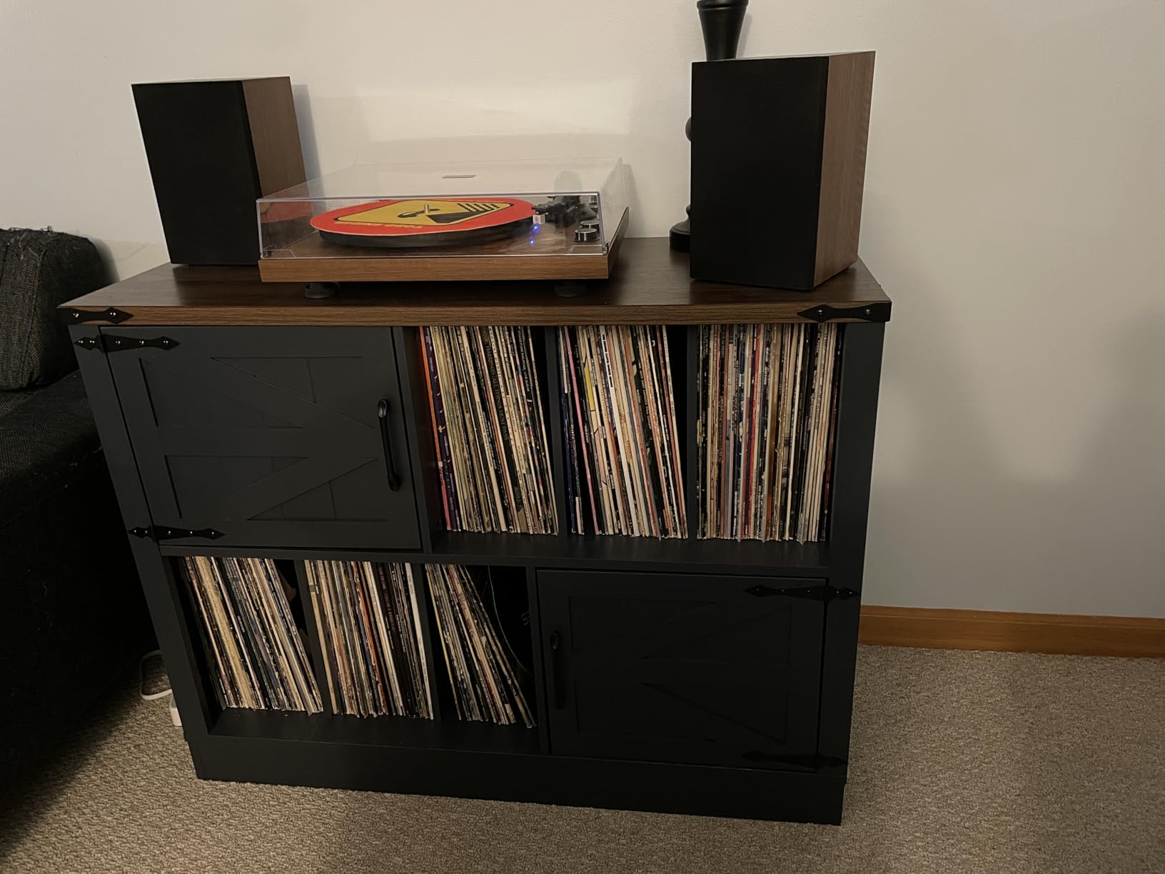Large Record Player Stand with Vinyl Storage Up to 450 Albums, 39 Inch Farmhouse Wood Navy Blue Vinyl Records Storage Cabinet with Barn Doors, Mid-Century Turntable Stand customer photo 1