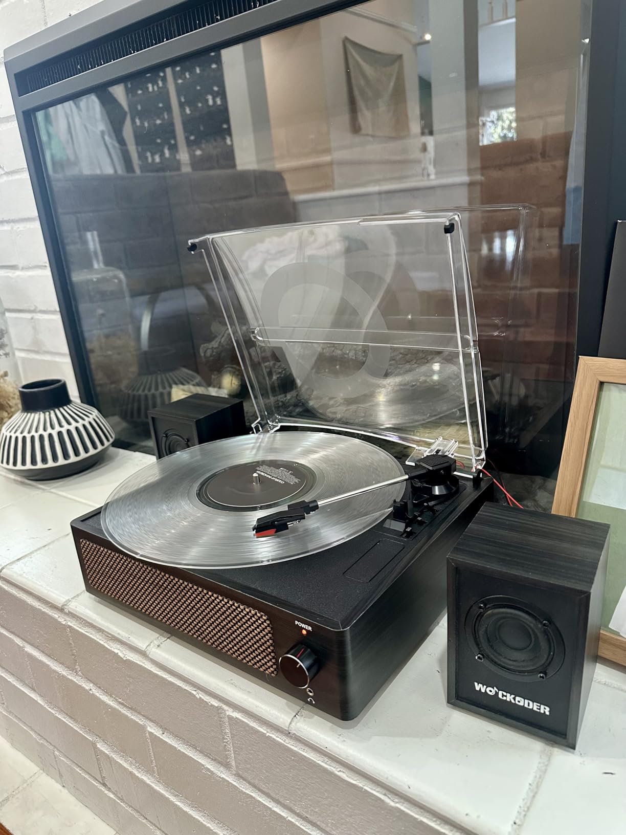 Record Player with Passive Bookshelf Speakers Belt-Drive Vintage Turntable for Vinyl Records External Dual Stereo Speakers LP Players 3 Speed Wireless AUX Headphone Input Auto Stop Retro Black Wooden customer photo 1