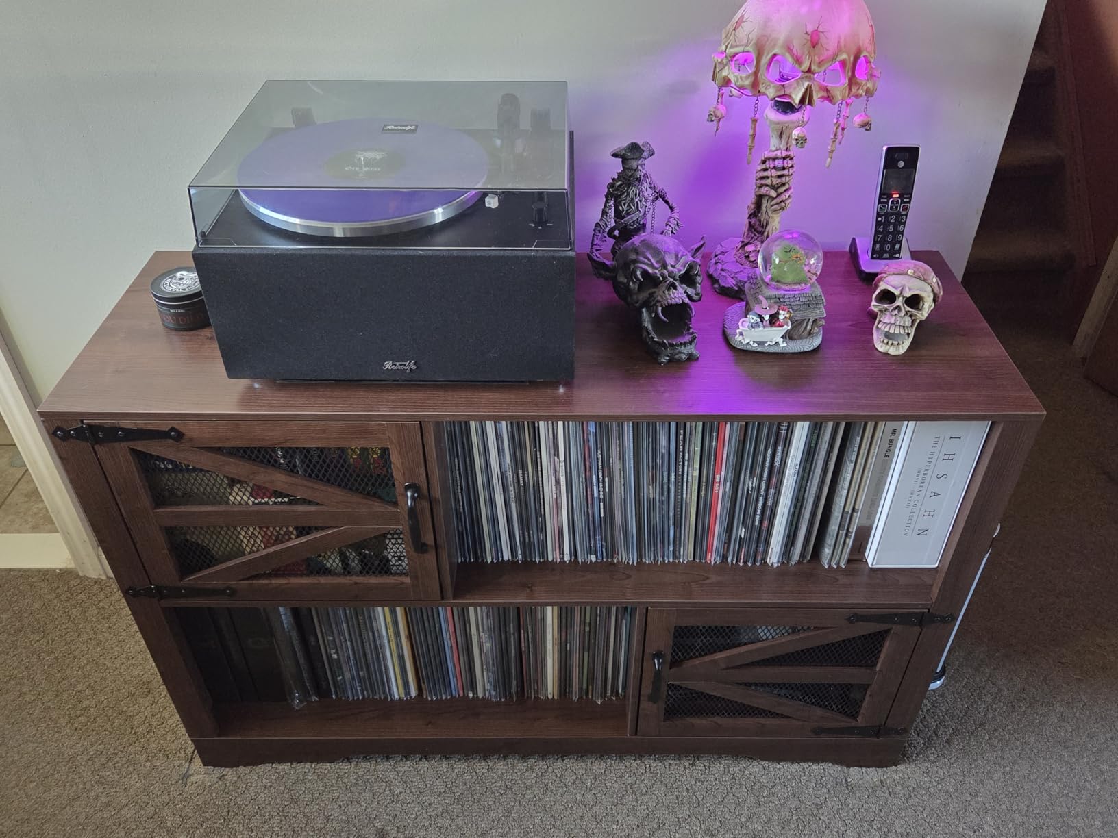 Large Record Player Stand with Vinyl Storage, 500+ Vinyl Record Storage Cabinet, 47 Inch Record Player Table with Power Outlet, Farmhouse Wooden Turntable Stand for Living Room, Walnut customer photo 1