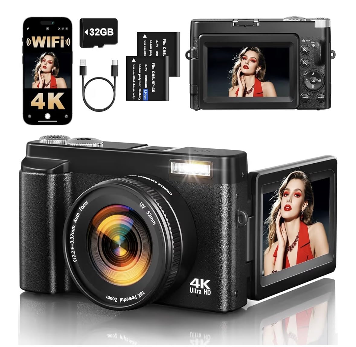 4K Digital Camera for Photography, 64MP Autofocus WiFi Vlogging Camera for YouTube with 3'' 180° Flip Screen, Travel Camera with SD Card, Point and Shoot Digital Camera 16X Zoom, UV Filter, 2 Batteries customer photo 1