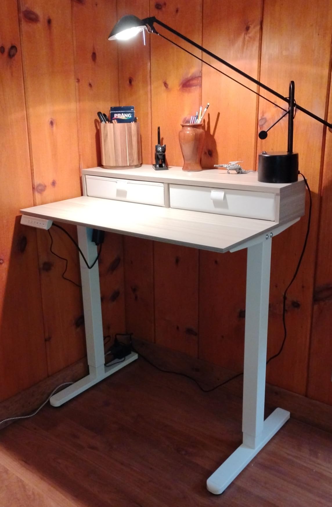 HUANUO 32 x 21 inch Small Electric Standing Desk with 2 Drawers, C-Clamp Mount Compatible, Height Adjustable Sit Stand Desk, Home Office Stand Up Desk with 4 Memory Height Settings, Light Walnut customer photo 2