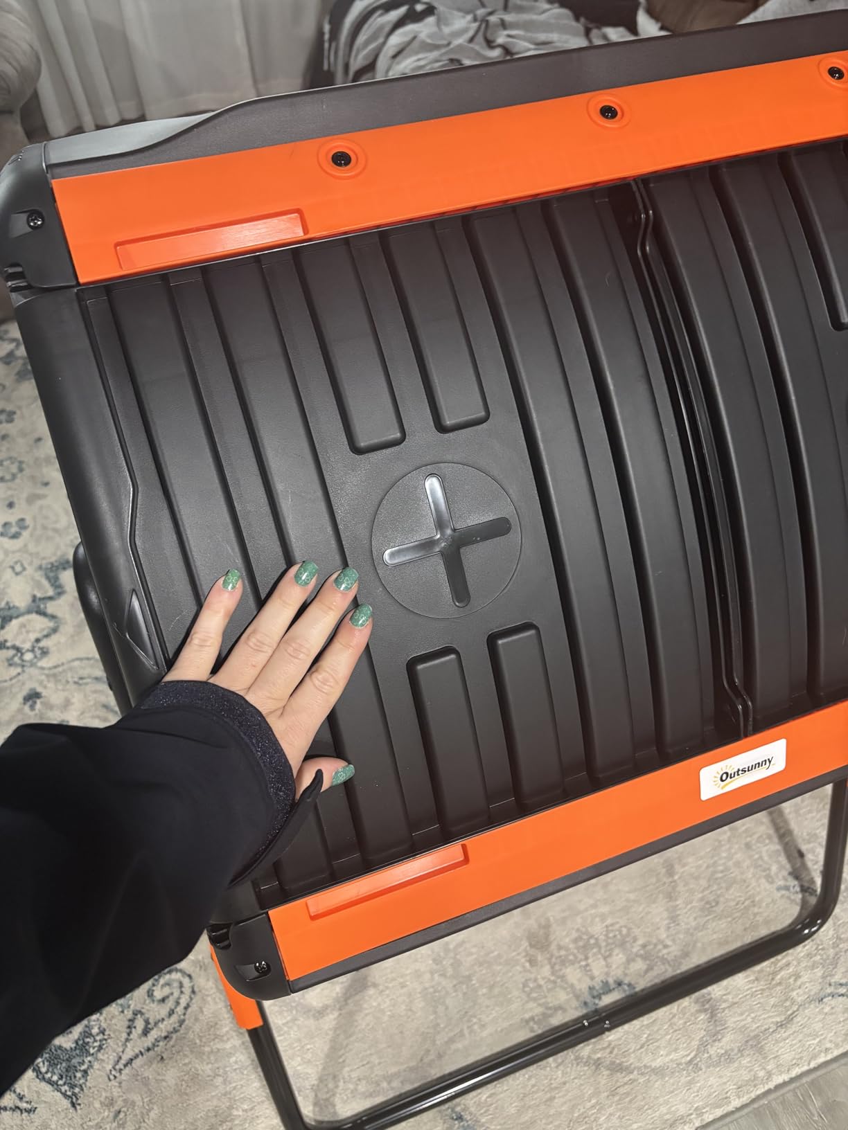 Outsunny Compost Bin Outdoor, 53 Gal Dual Chamber Compost Tumbler with 8 Adjustable Vents, BPA Free Rotating Tumbling Composter with 2 Sliding Doors and Metal Frame for Kitchen, Garden, Yard, Orange customer photo 2