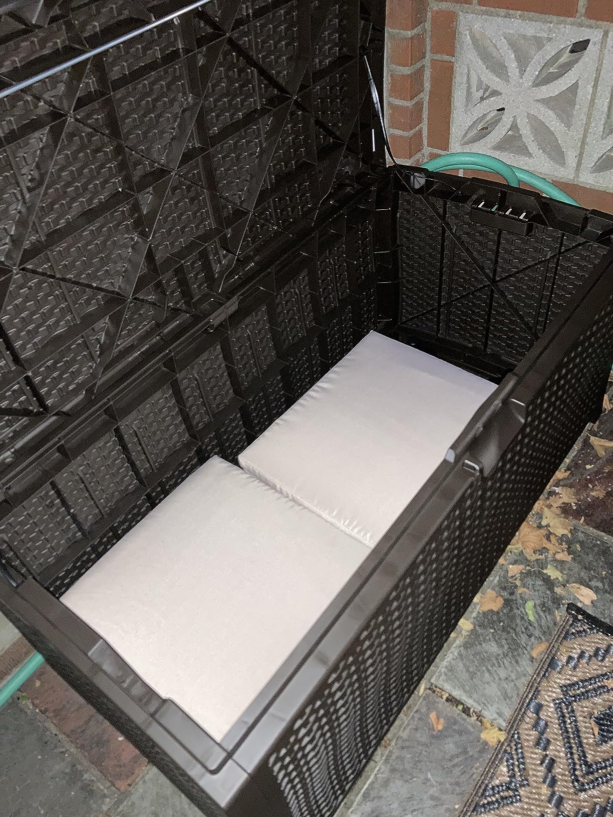 Suncast Outdoor Storage Box - 73 Gallon Mocha Brown Deck Box for Patio, Weather-Resistant Outdoor Storage Bench, Resin Wicker Style, Heavy-Duty, Lockable Lid customer photo 2