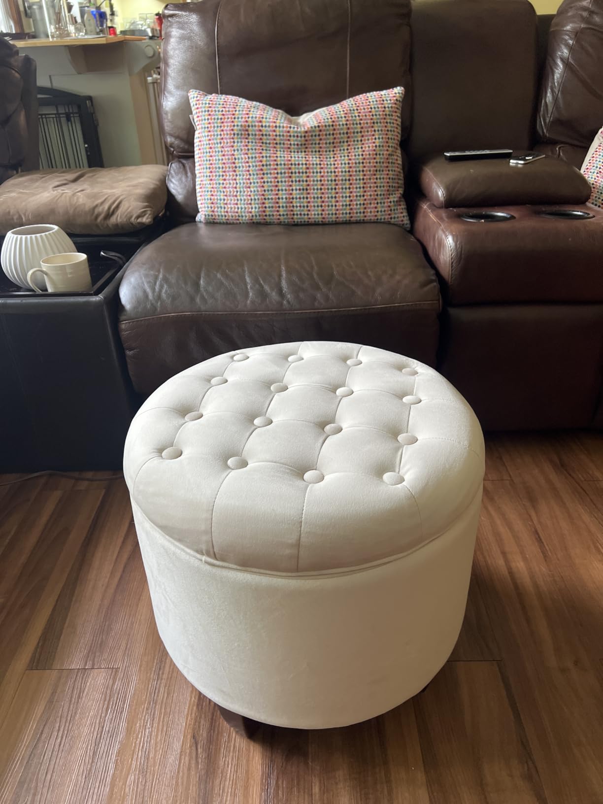 Homepop Home Decor | Upholstered Round Velvet Tufted Foot Rest Ottoman | Ottoman with Storage for Living Room & Bedroom | Decorative Home Furniture, Burgundy Small customer photo 2