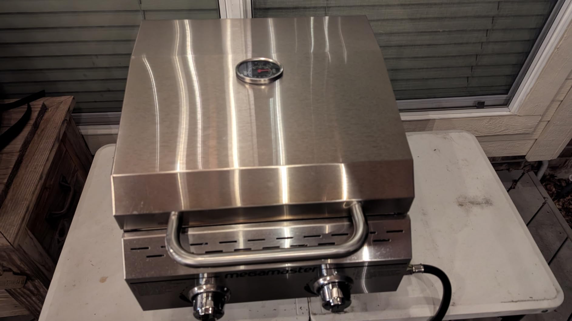 Megamaster Tabletop 2 Burner Gas Grill, Stainless Steel with Foldable Legs | Offers 16000 BTU, Built-In Lid, Push & Turn Ignition, 199 Sq In Cooking Space, Standard 20 lb tank, For Camping & Tailgating customer photo 1