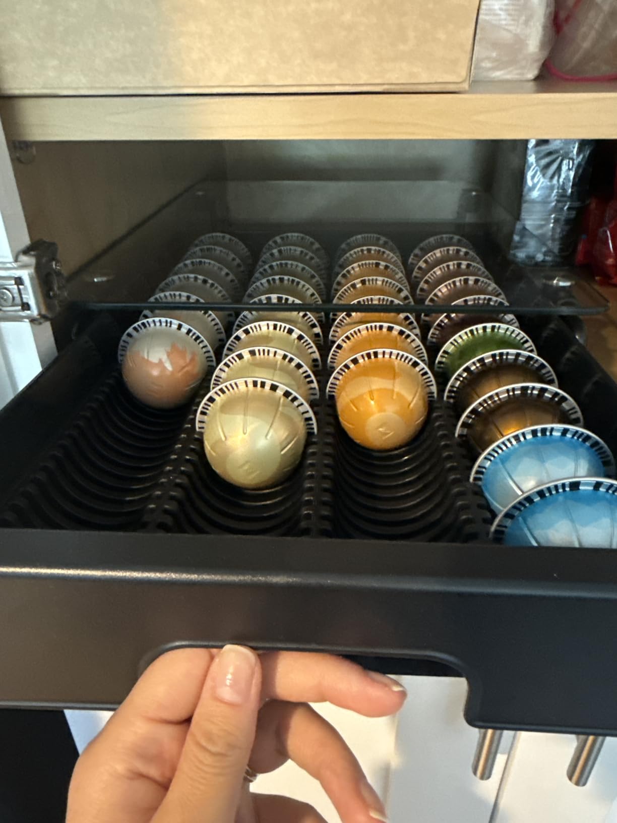 Nespresso Vertuo Pod Holder Drawer, Coffee Pod Organizer with Universal Slots, Holds 40 Large or 52 Small Capsules, Tempered Glass Top Storage Drawer customer photo 1