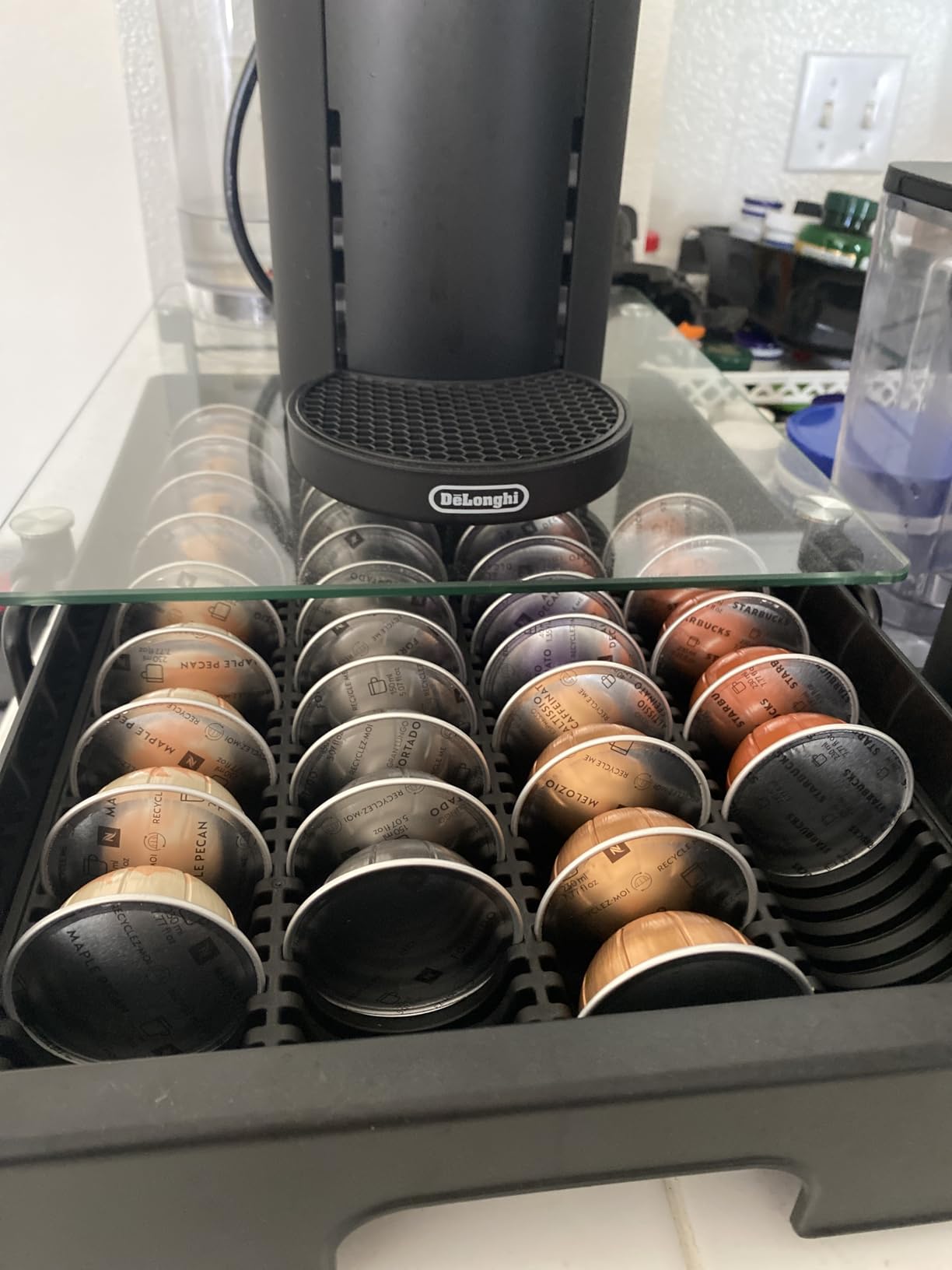 Nespresso Vertuo Pod Holder Drawer, Coffee Pod Organizer with Universal Slots, Holds 40 Large or 52 Small Capsules, Tempered Glass Top Storage Drawer customer photo 2