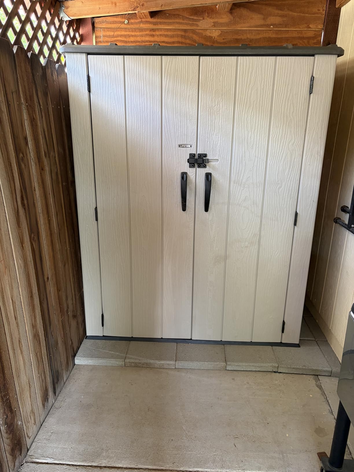 Lifetime Vertical Storage Shed, Desert Sand, Resin Outdoor Tool Shed with Lockable Doors and Weather-Resistant Panels customer photo 2